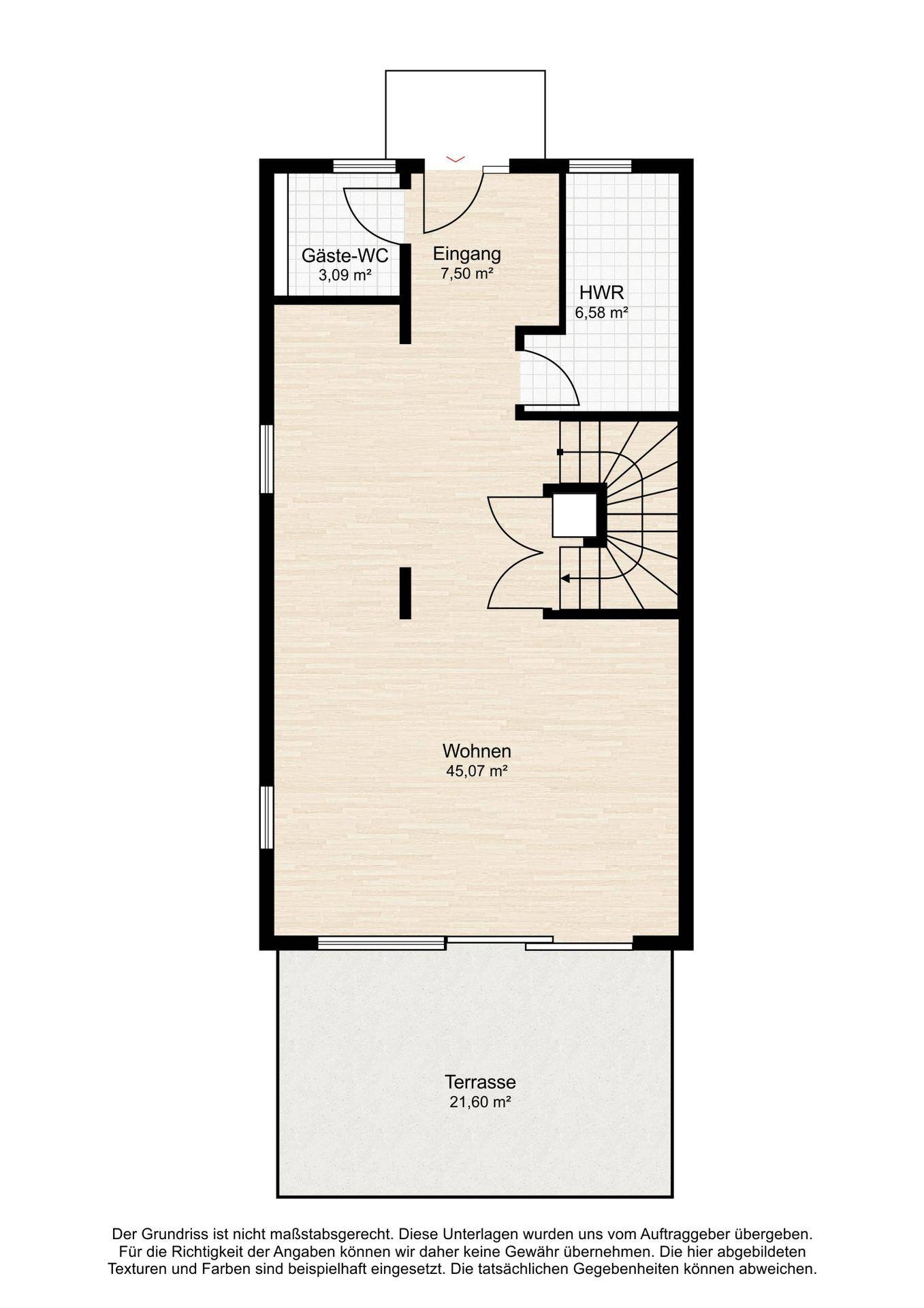 Grundriss des Erdgeschosses mit Wohnbereich, Gäste-WC und Terrasse.