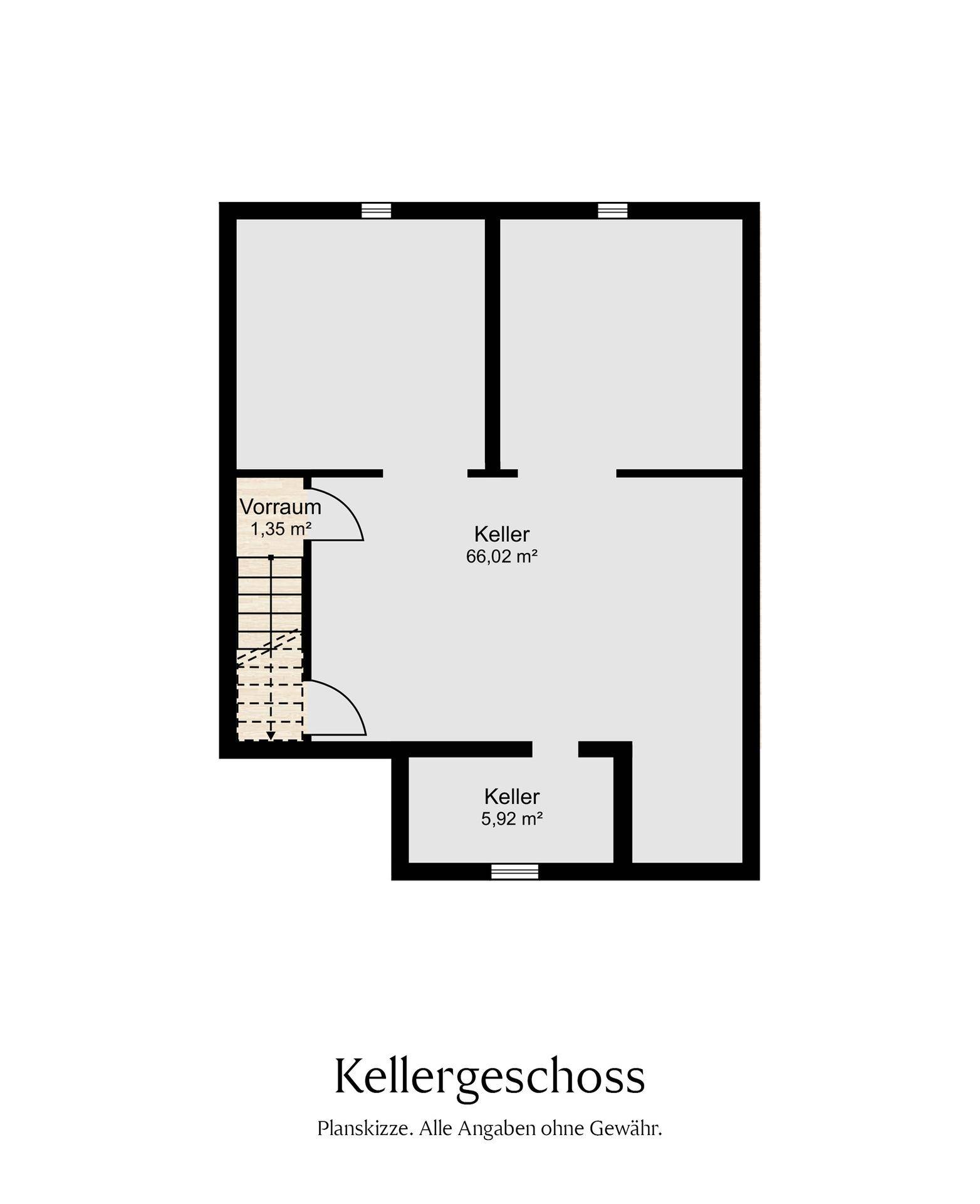 Grundriss des Kellergeschosses mit zwei Kellerräumen und Vorraum.