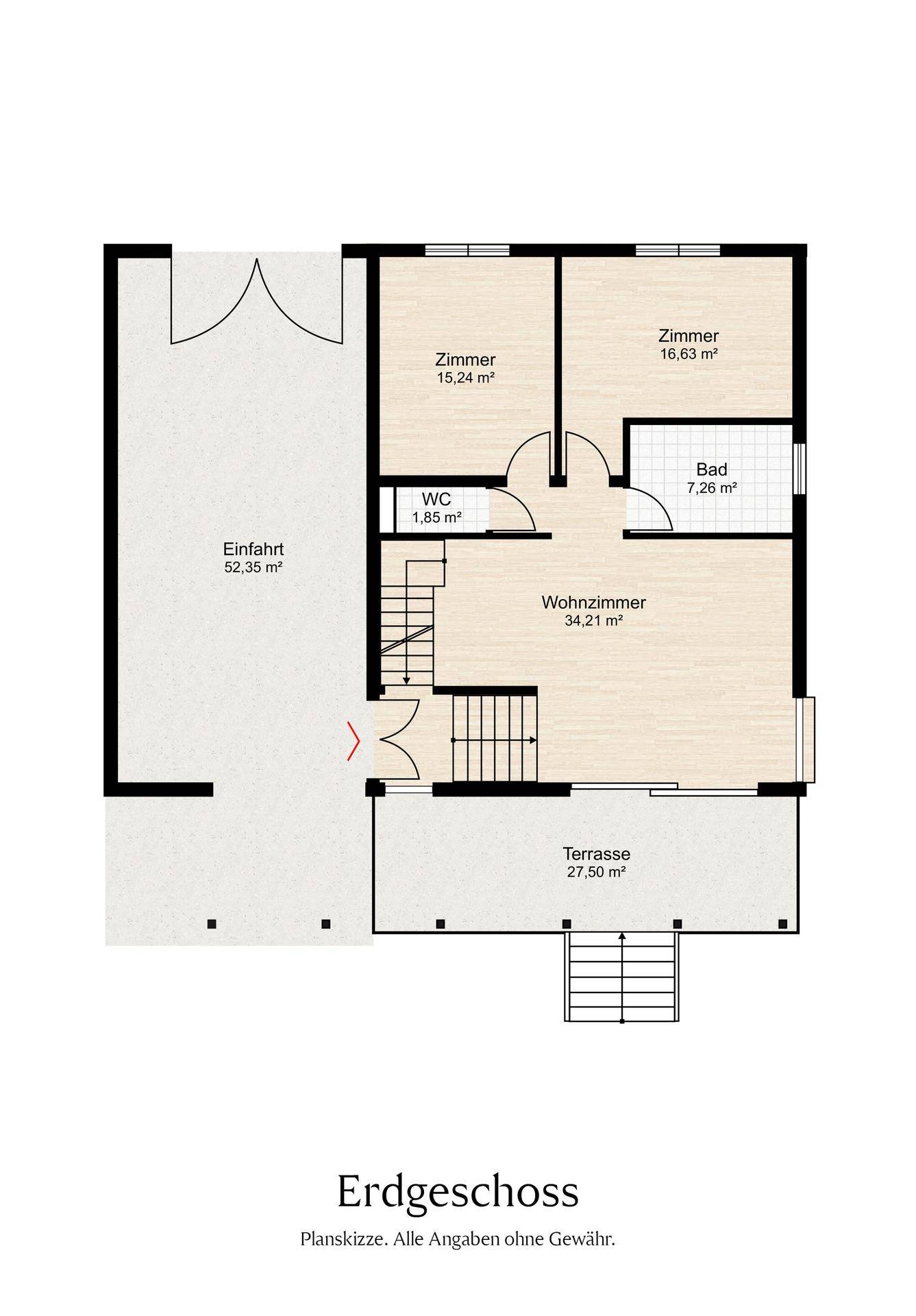 Grundriss des Erdgeschosses mit Wohnzimmer, zwei Zimmern, Bad und Terrasse.