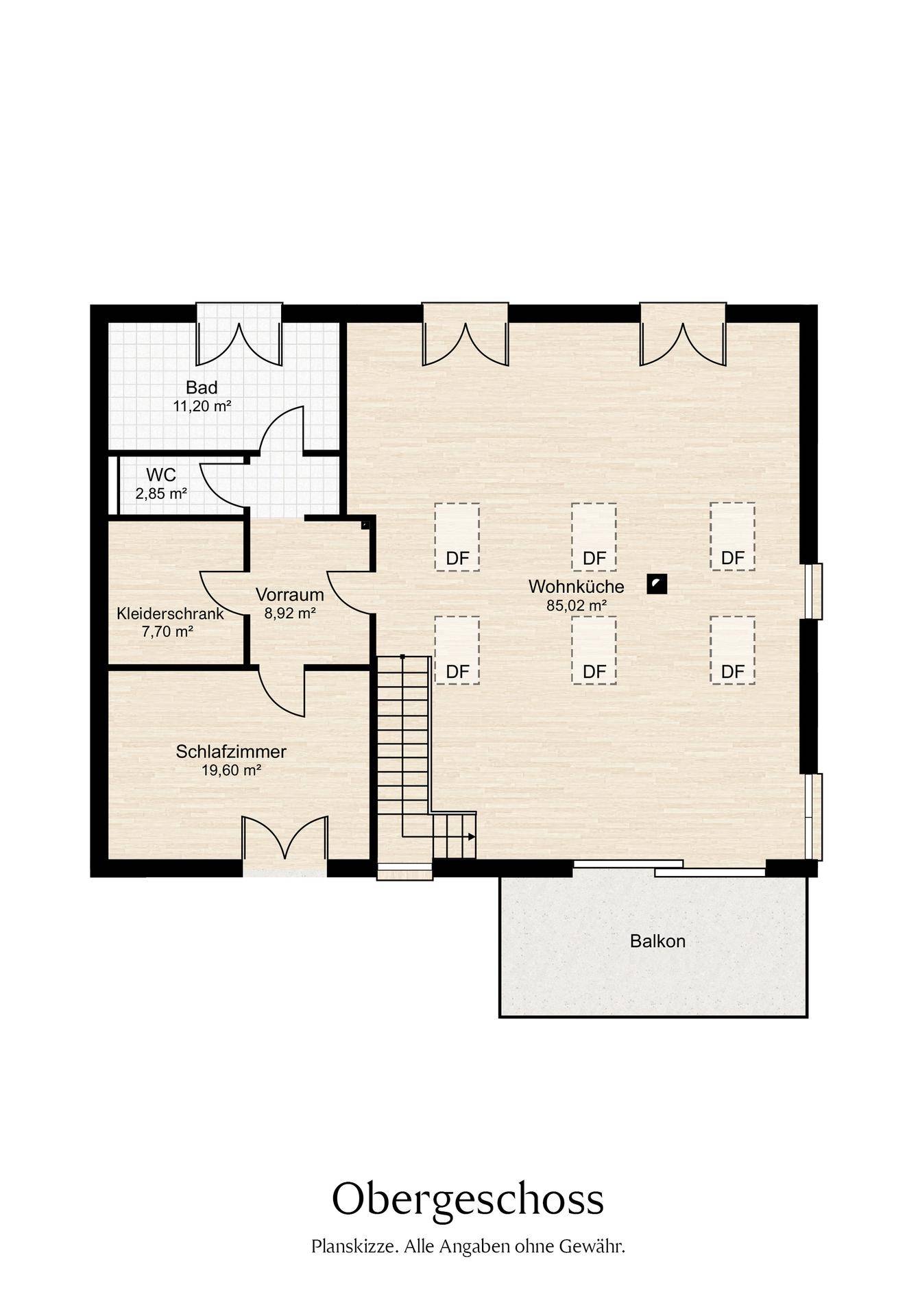 Grundriss des Obergeschosses mit Wohnküche, Schlafzimmer, Bad und Balkon.