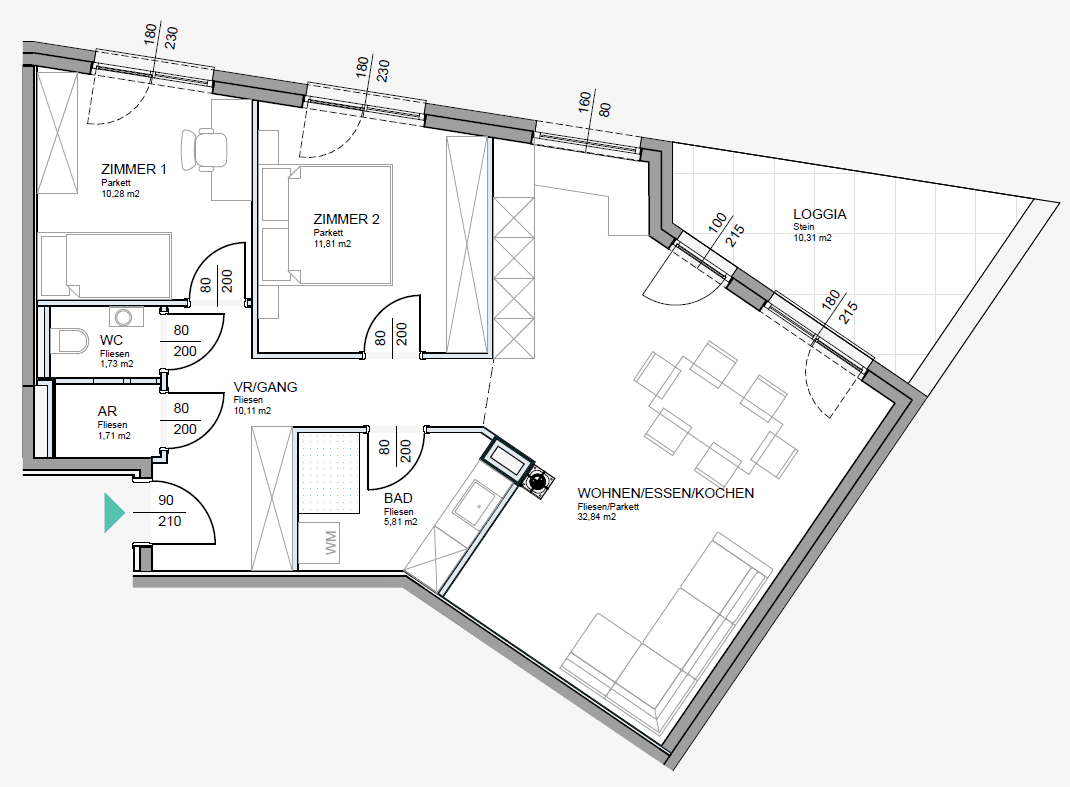Grundriss einer Wohnung mit zwei Zimmern, offener Wohnküche und Loggia.