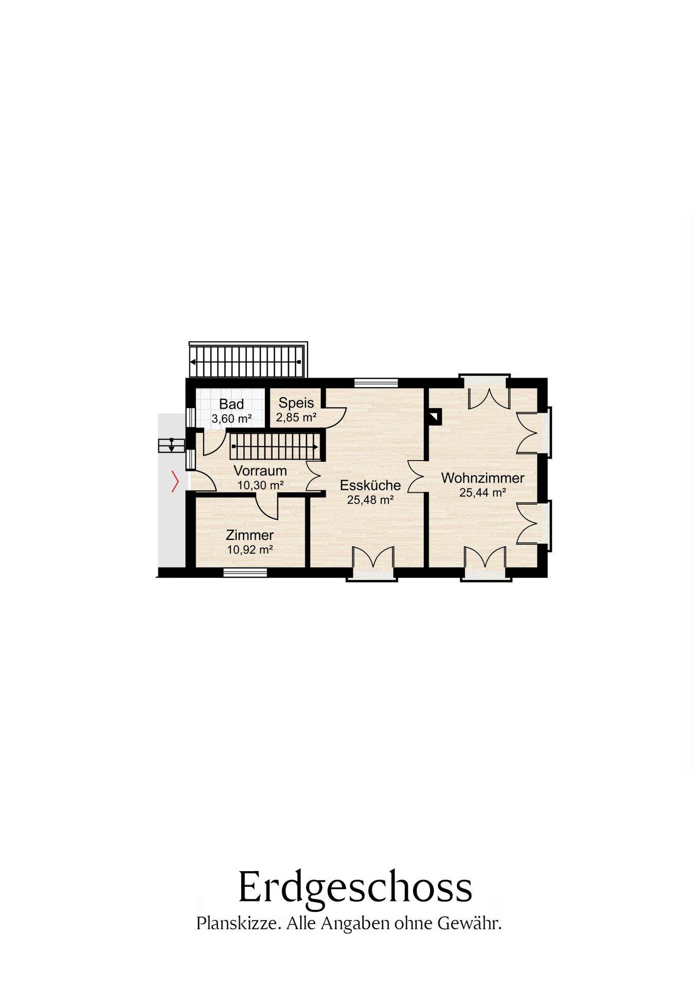 Grundriss des Erdgeschosses mit Wohnzimmer, Essküche und zwei weiteren Zimmern.