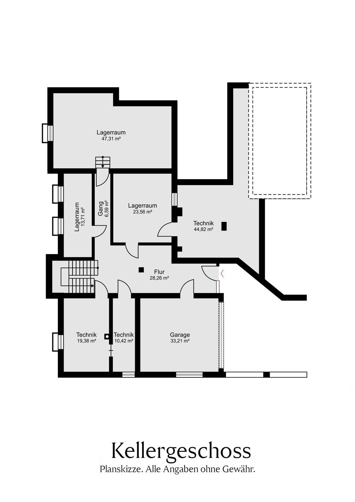 Grundriss des Kellergeschosses mit Lagerräumen, Technikräumen und einer Garage.