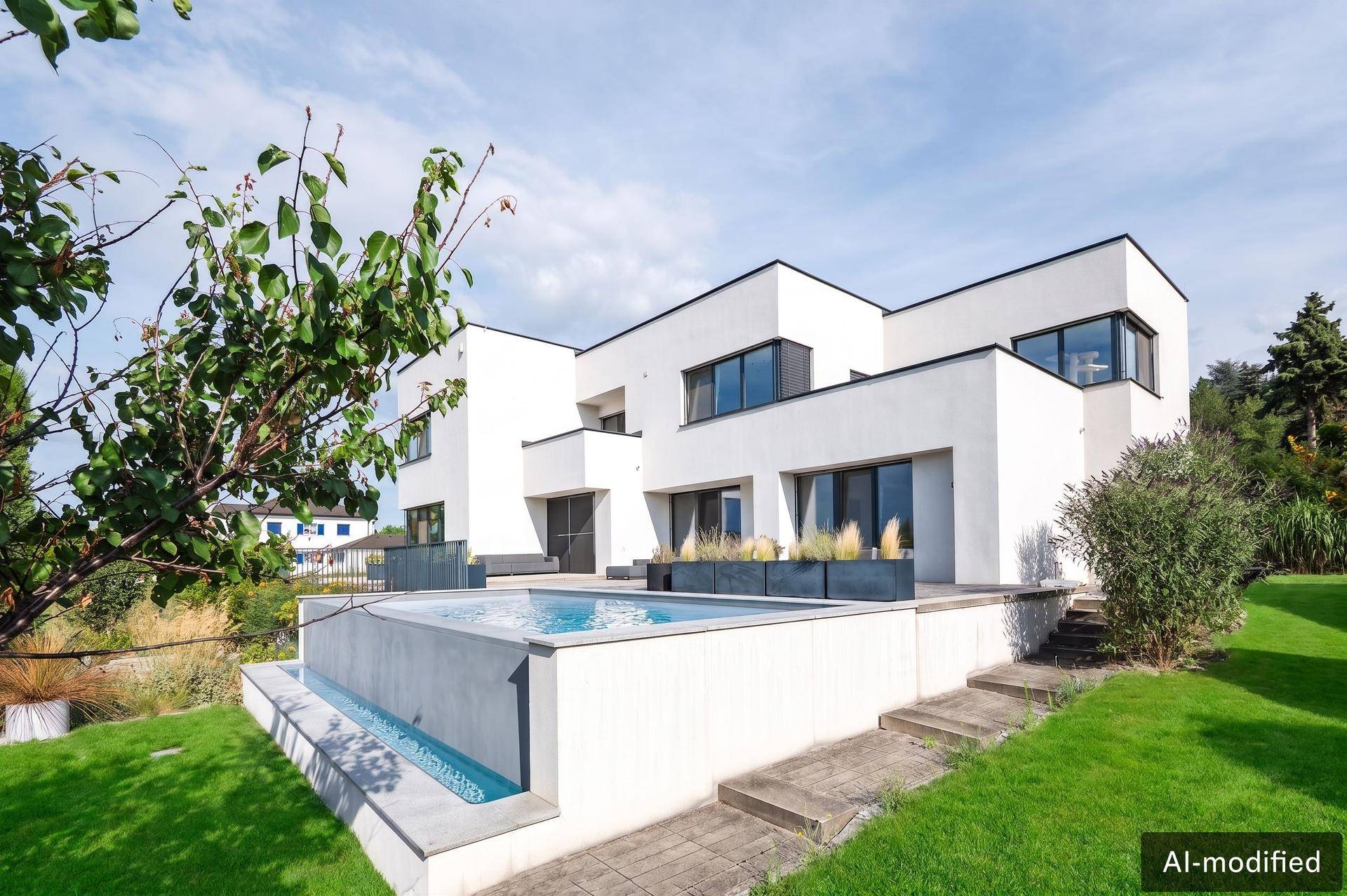 Moderne weiße Architektur mit kleinem Pool und gepflegtem Rasen in sonniger Umgebung.