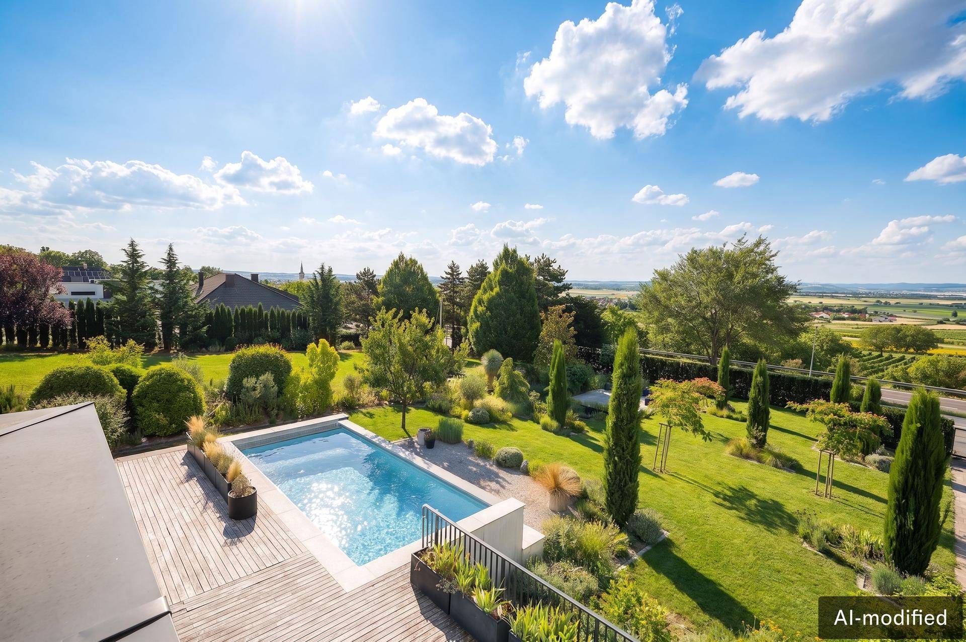 Weitläufiger Garten mit Swimmingpool, Holzterrasse und Panoramablick über die Landschaft.