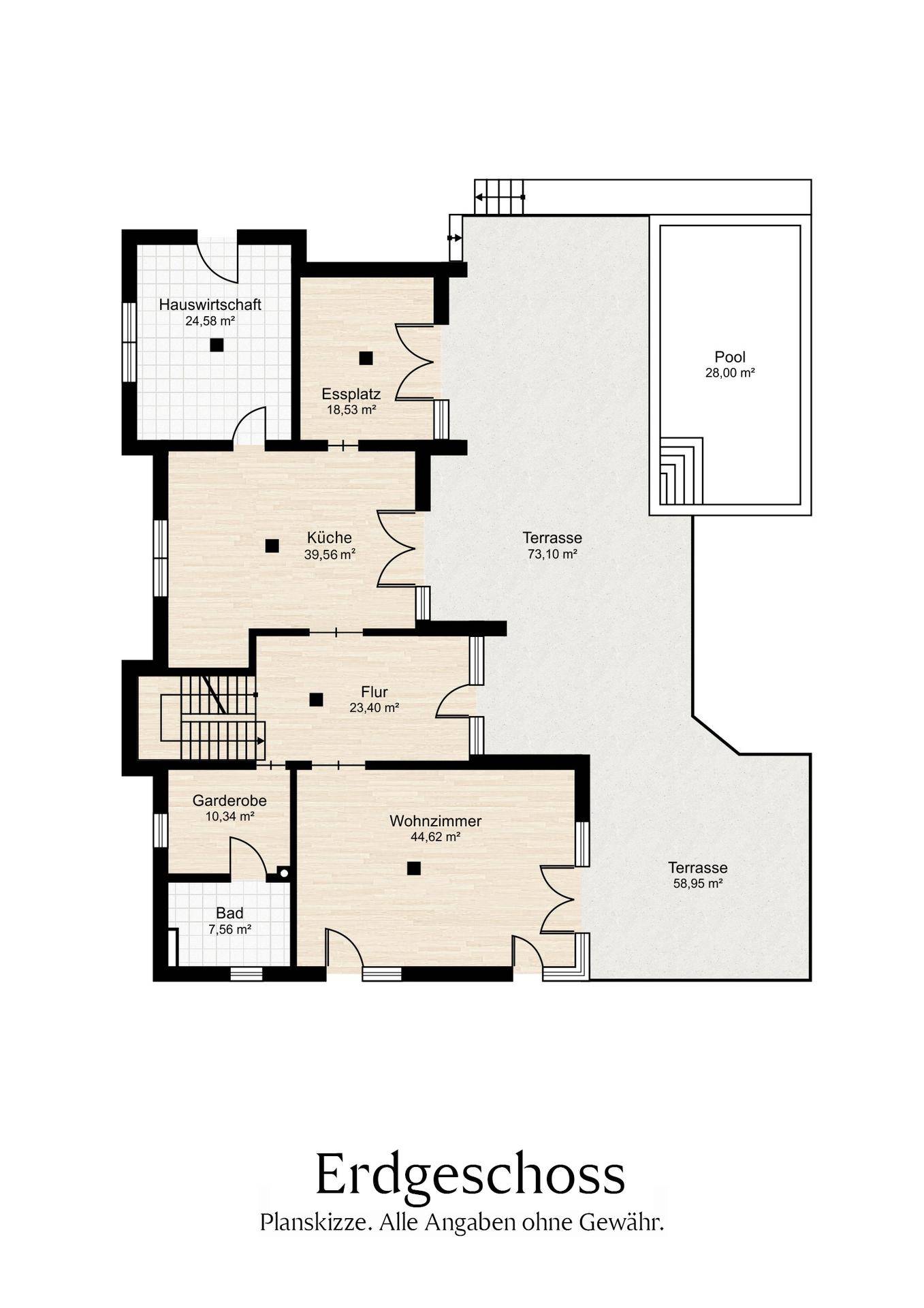 Grundriss des Erdgeschosses mit Küche, Wohnzimmer, Essplatz, Bad, zwei Terrassen und Pool.