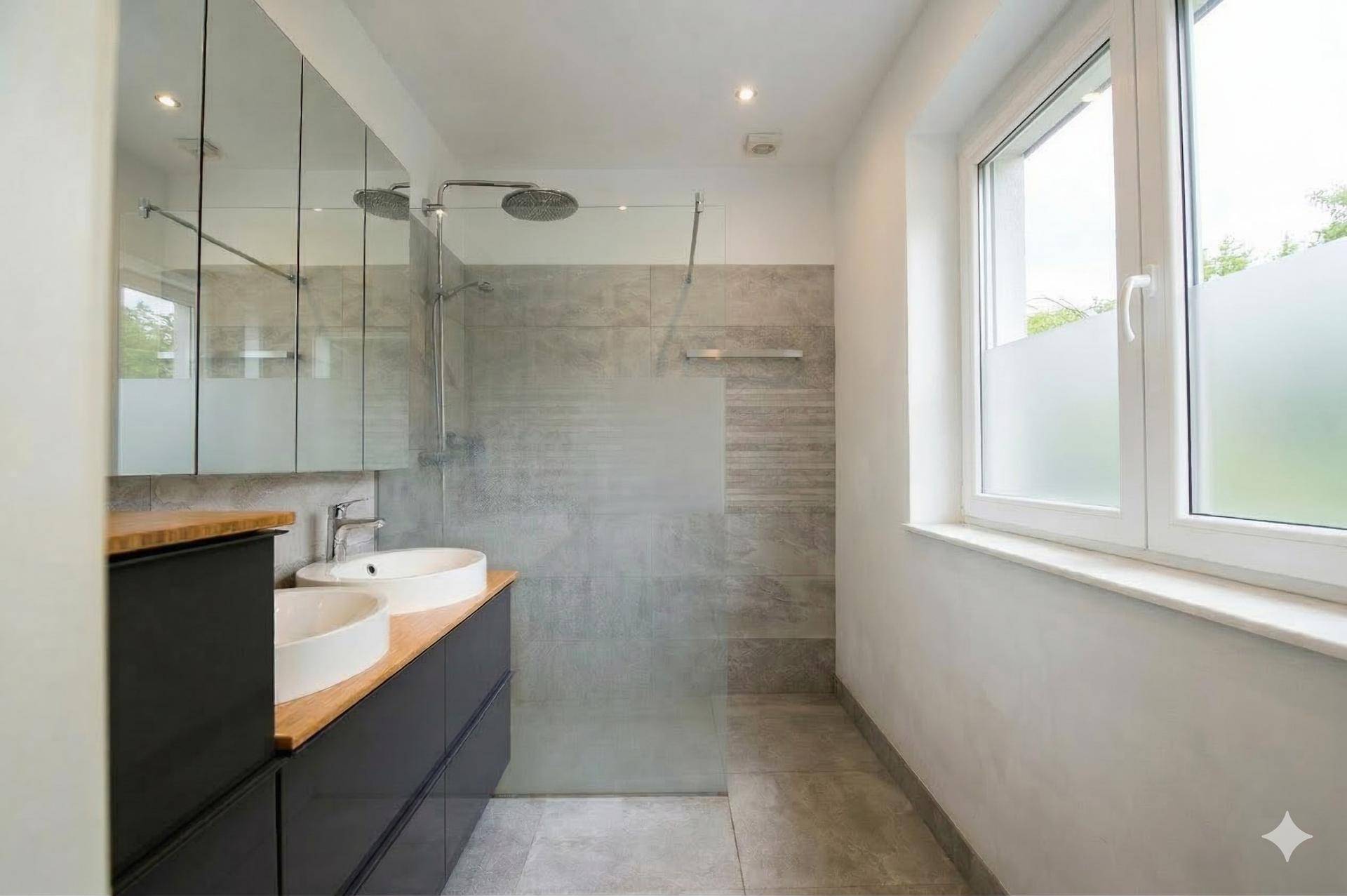 Modernes Badezimmer mit Doppelwaschbecken, großer begehbarer Dusche und Fenster.