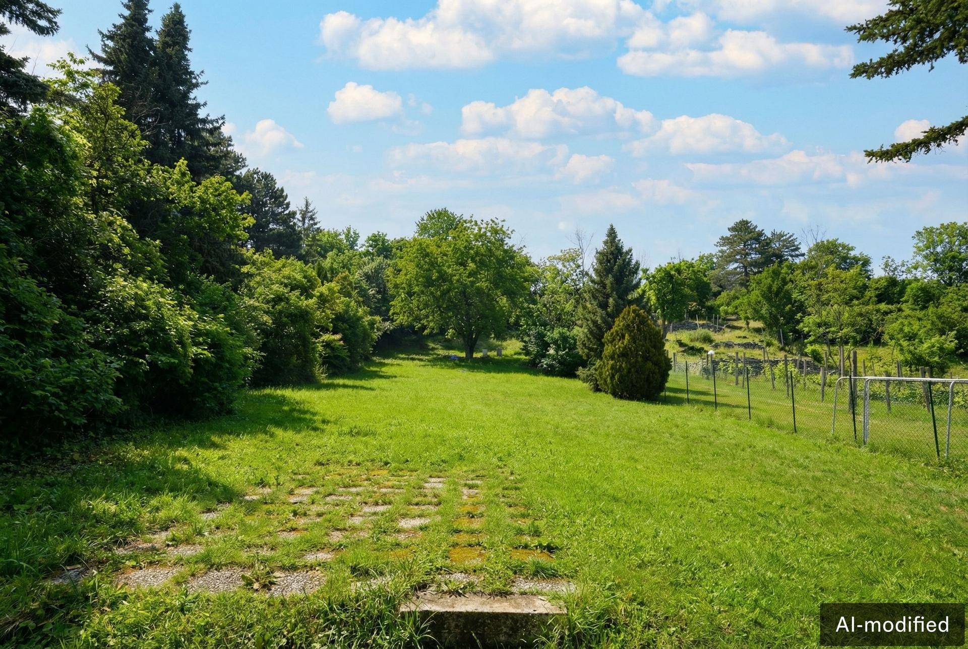 Großer, gepflegter Garten mit Rasenfläche, Bäumen und angrenzendem Weinberg.
