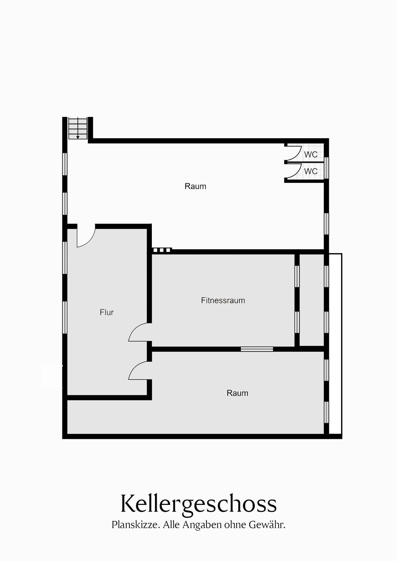 Grundriss des Kellergeschosses mit Fitnessraum und weiteren Räumen.