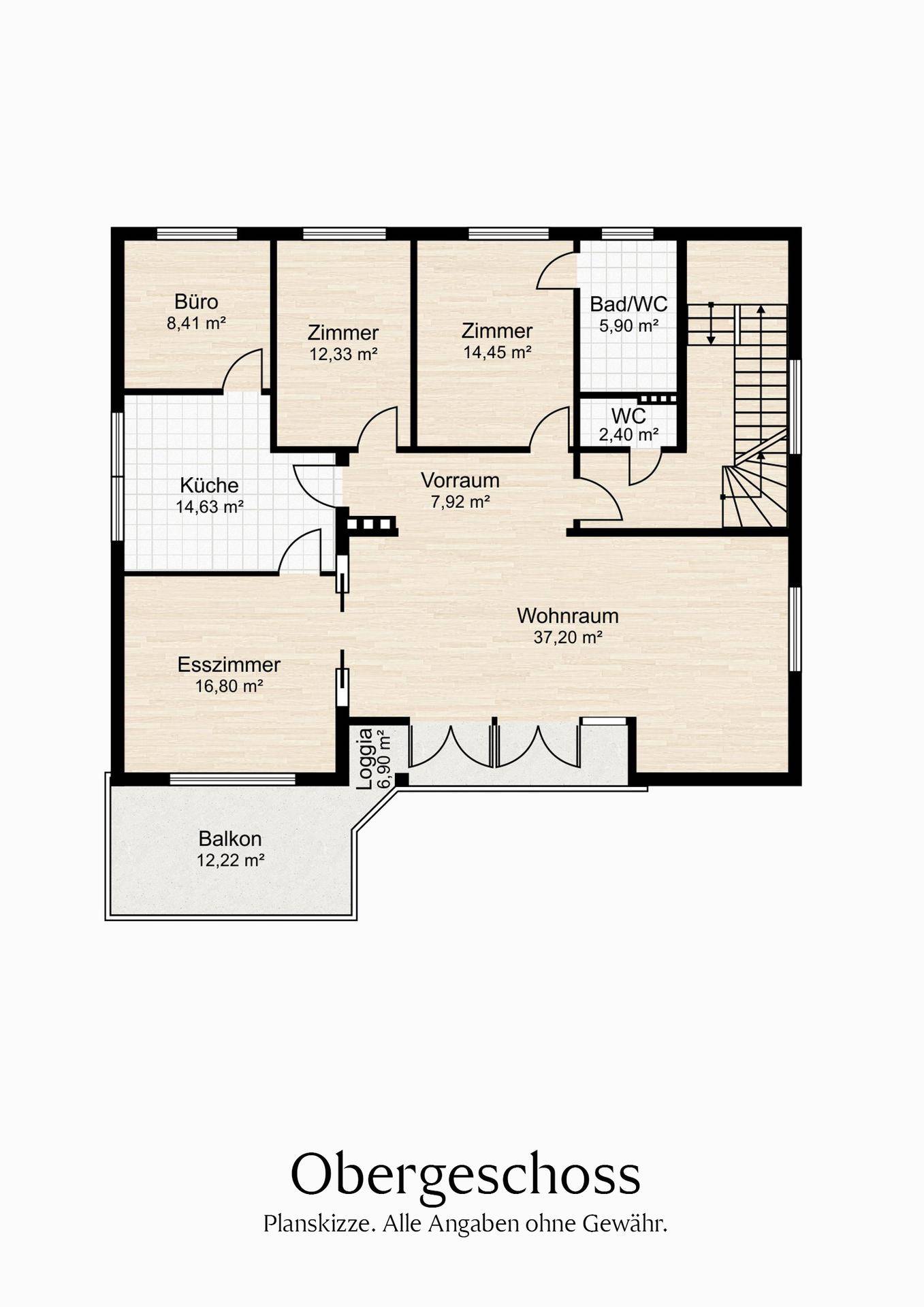Grundriss des Obergeschosses mit Büro, Zimmern, Bad/WC, Loggia und Balkon.