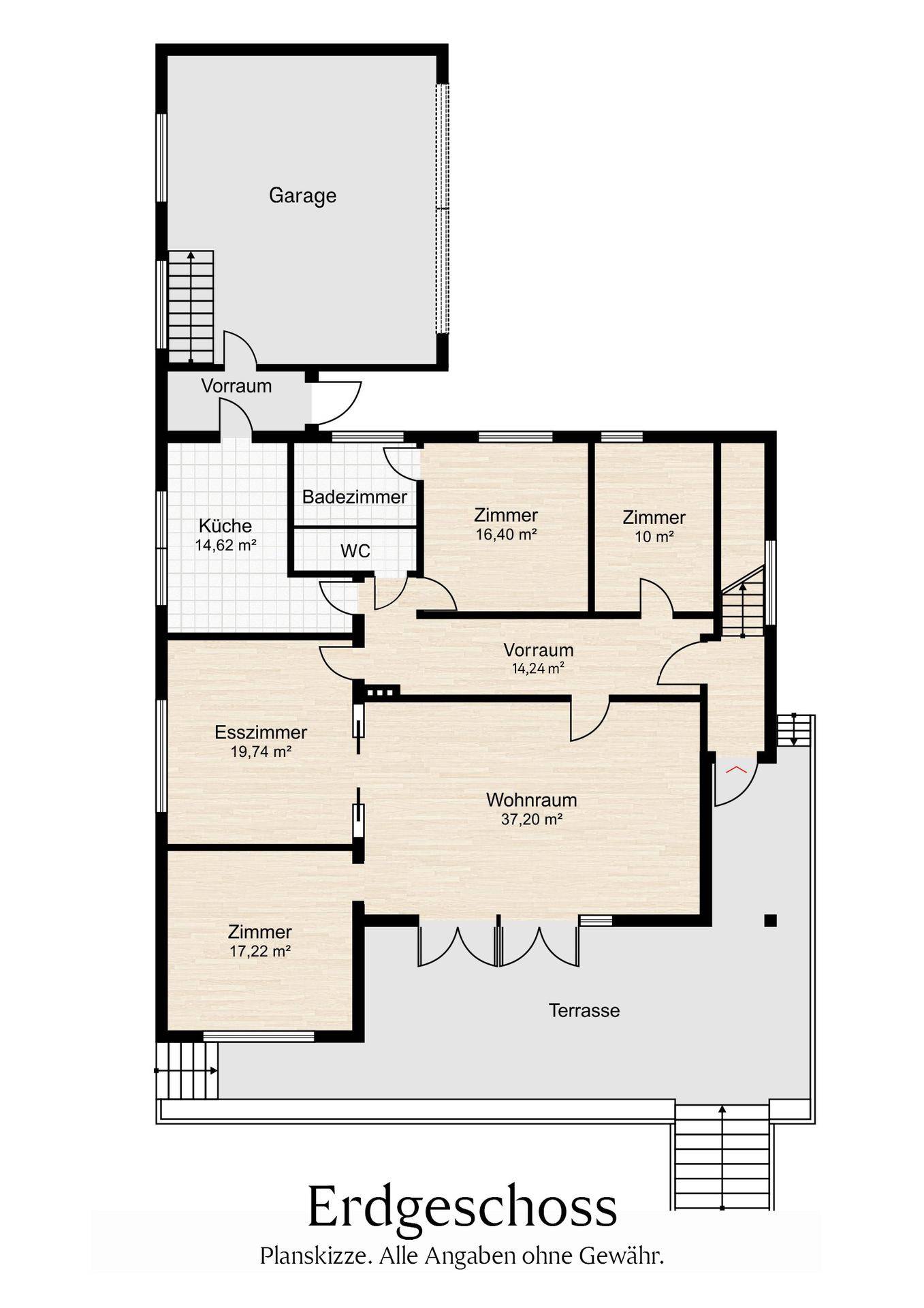 Grundriss des Erdgeschosses mit Küche, Esszimmer, Wohnraum, Zimmern und Terrasse.