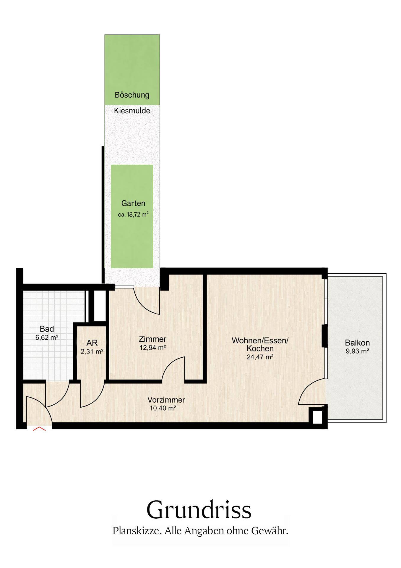 Grundriss der Wohnung mit Wohn-/Essbereich, Schlafzimmer, Bad und Balkon.