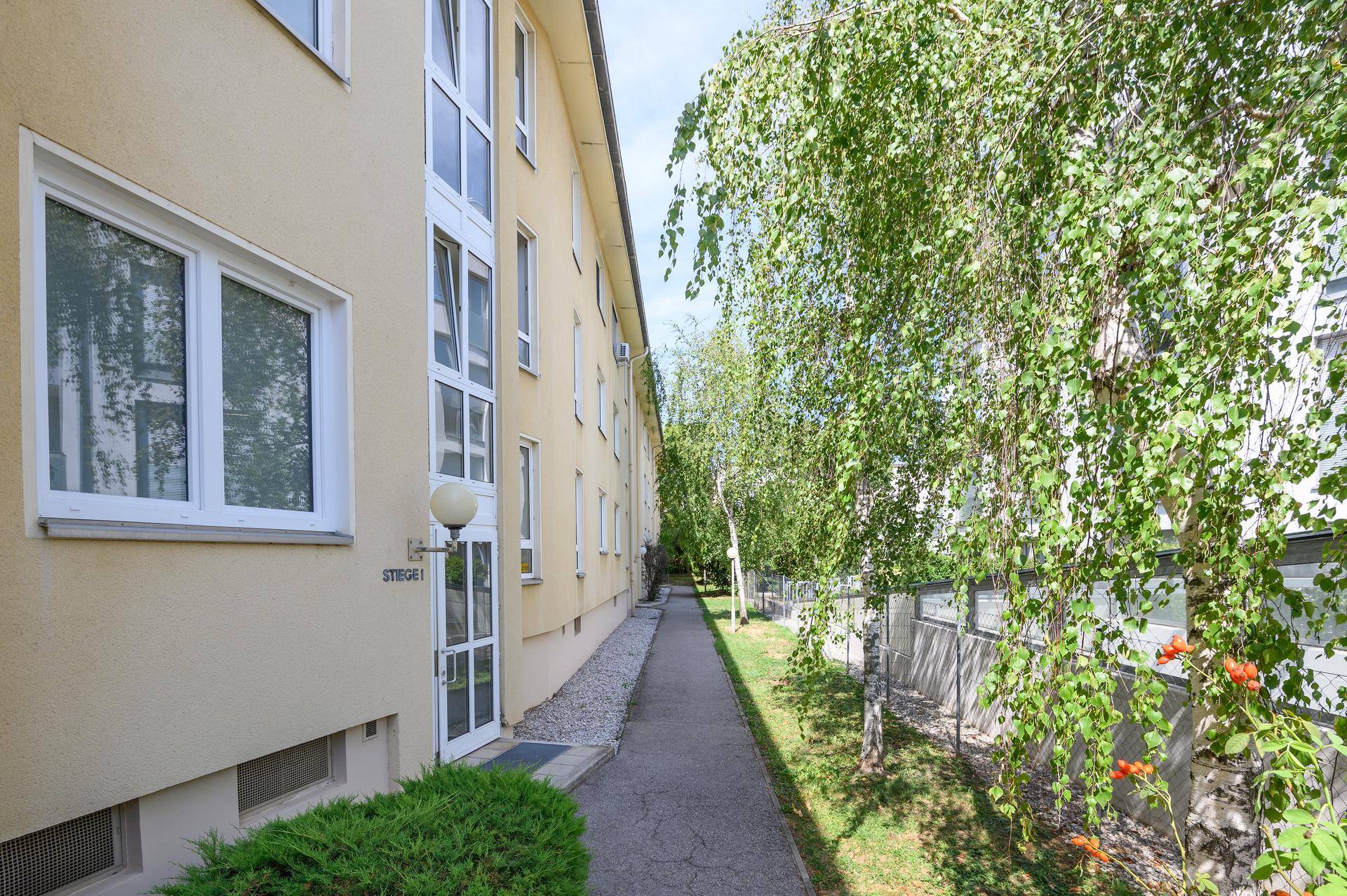 Seitenansicht des Gebäudes mit Fußweg und Bäumen im Grünen.