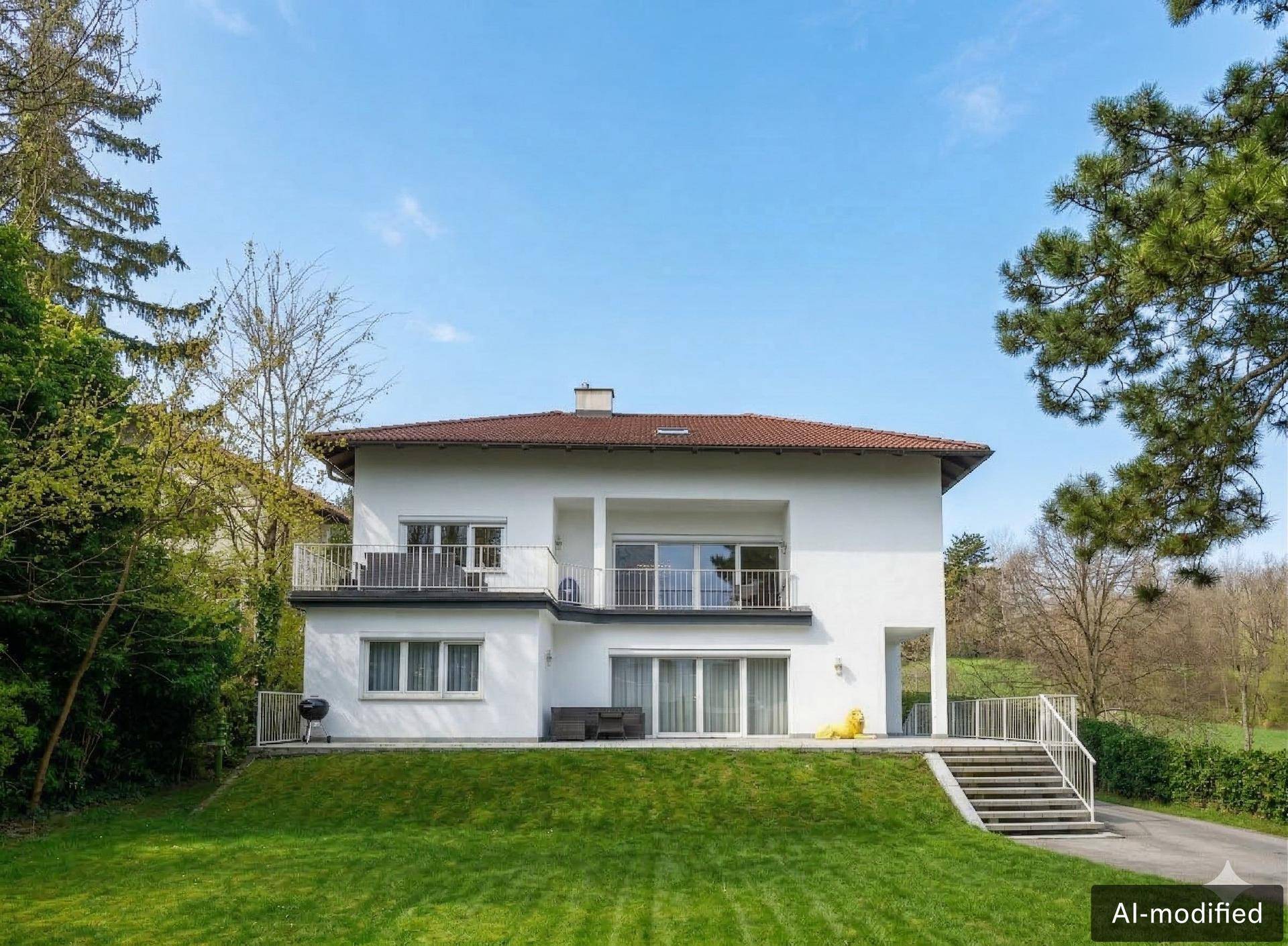 Freistehendes Einfamilienhaus mit weißer Fassade, Balkonen und Garten in grüner Umgebung.
