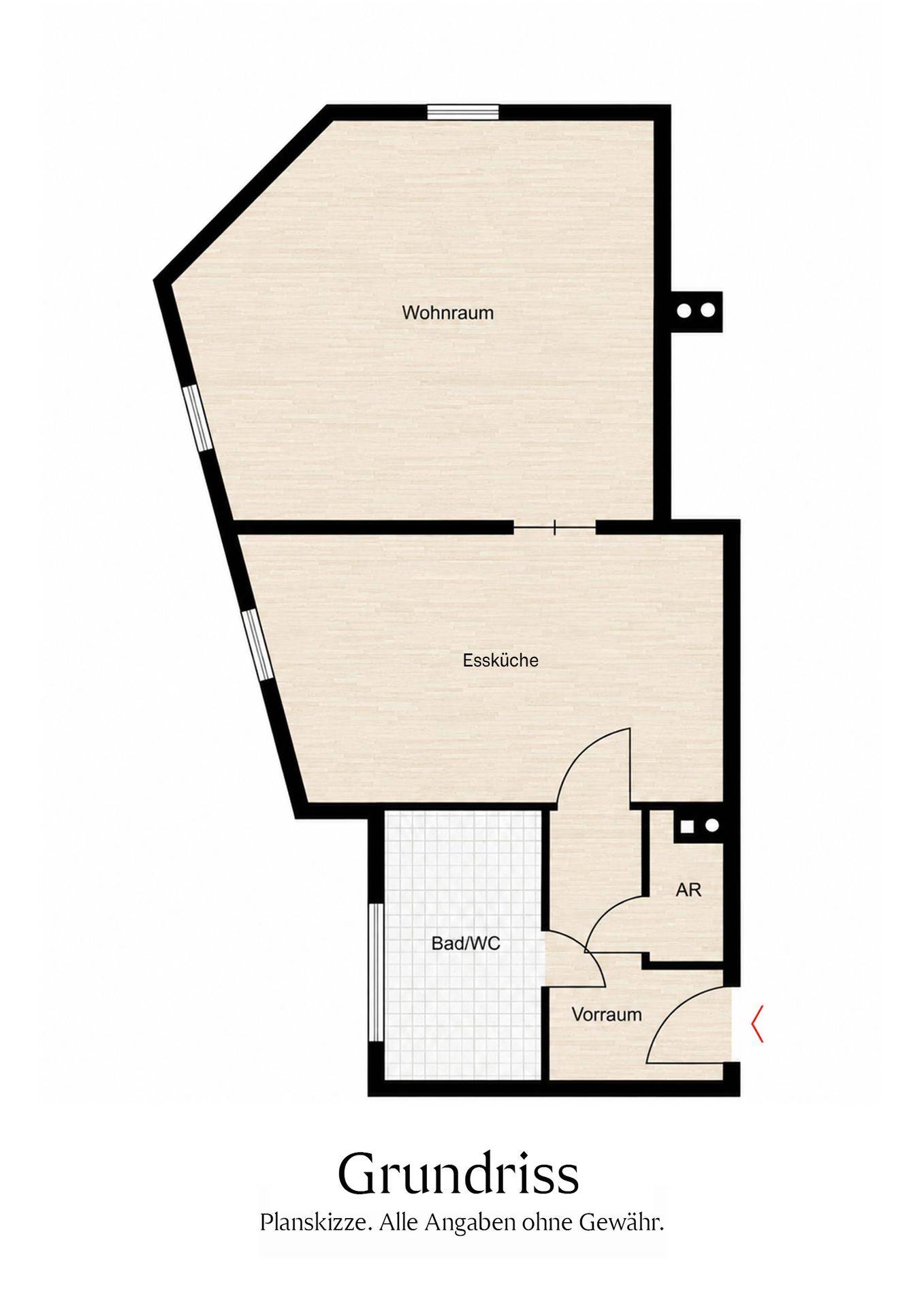 Grundriss einer Wohnung mit Wohnraum, Essküche, Bad/WC, Vorraum und Abstellraum.