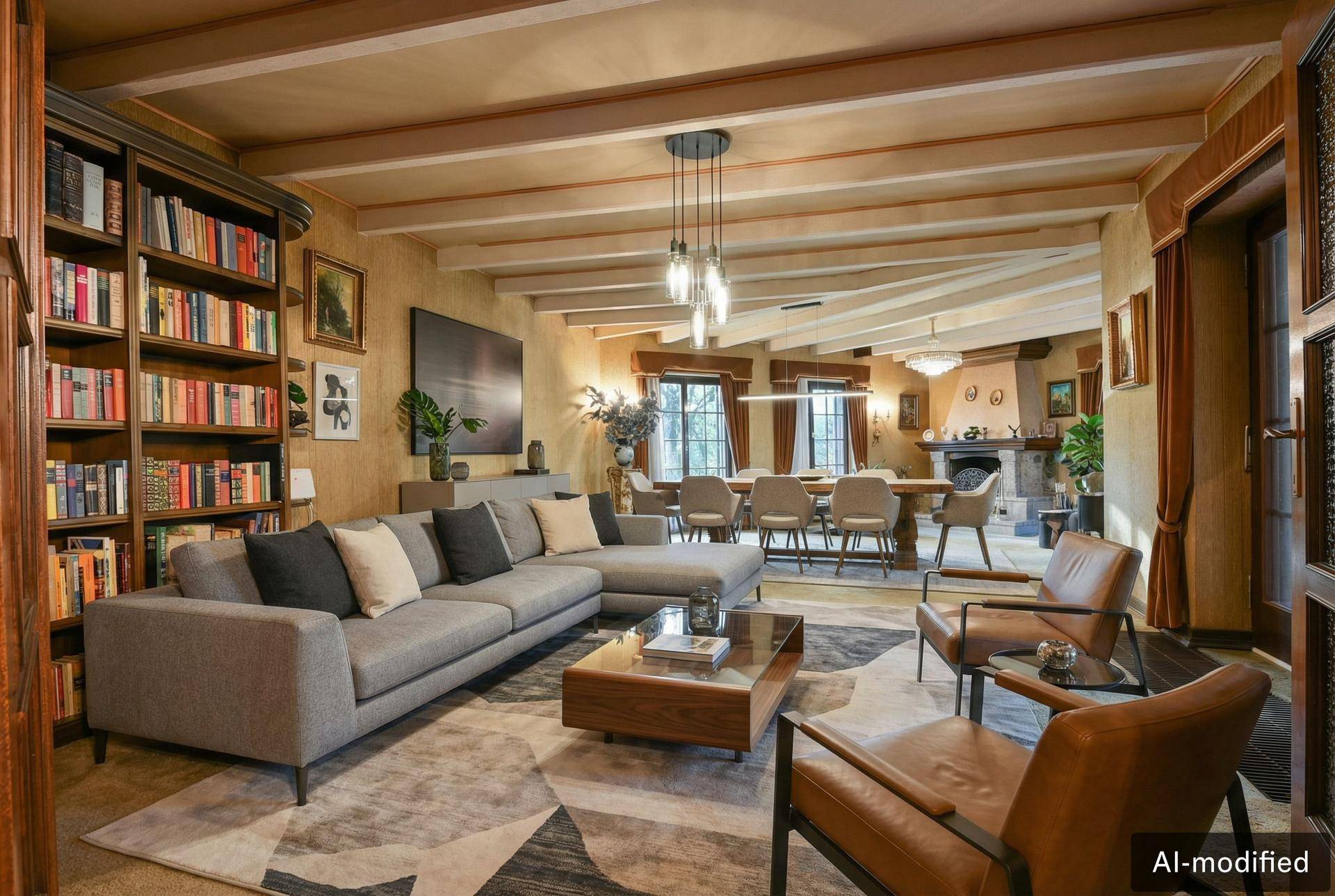 Modernisiertes Wohnzimmer mit zeitgenössischen Möbeln, Bücherregal und sichtbaren Deckenbalken, offen zum Essbereich.