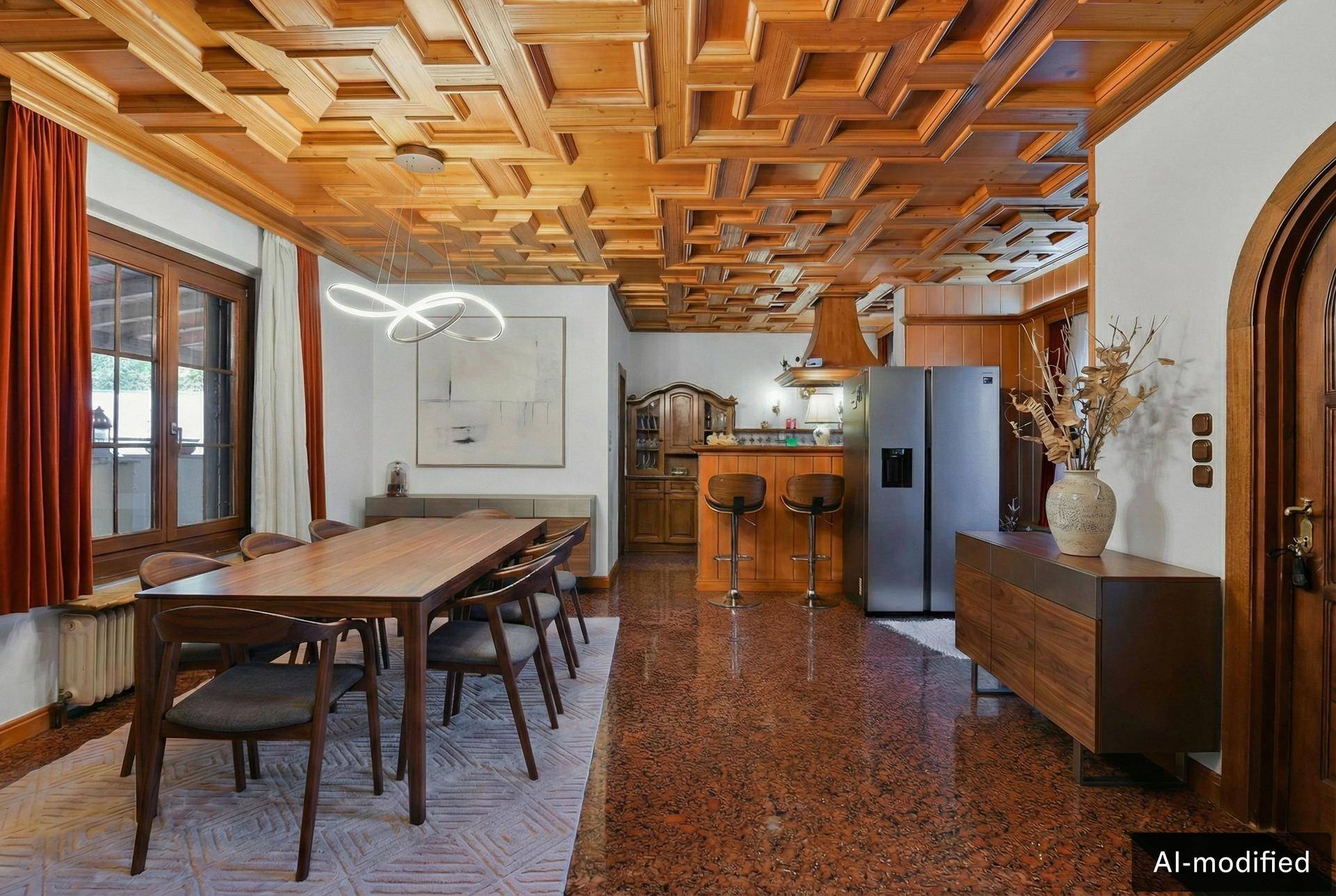 Modernisierter Essbereich mit Holzdecke und integrierter Küchenzeile, ausgestattet mit zeitgenössischen Möbeln und Beleuchtung.