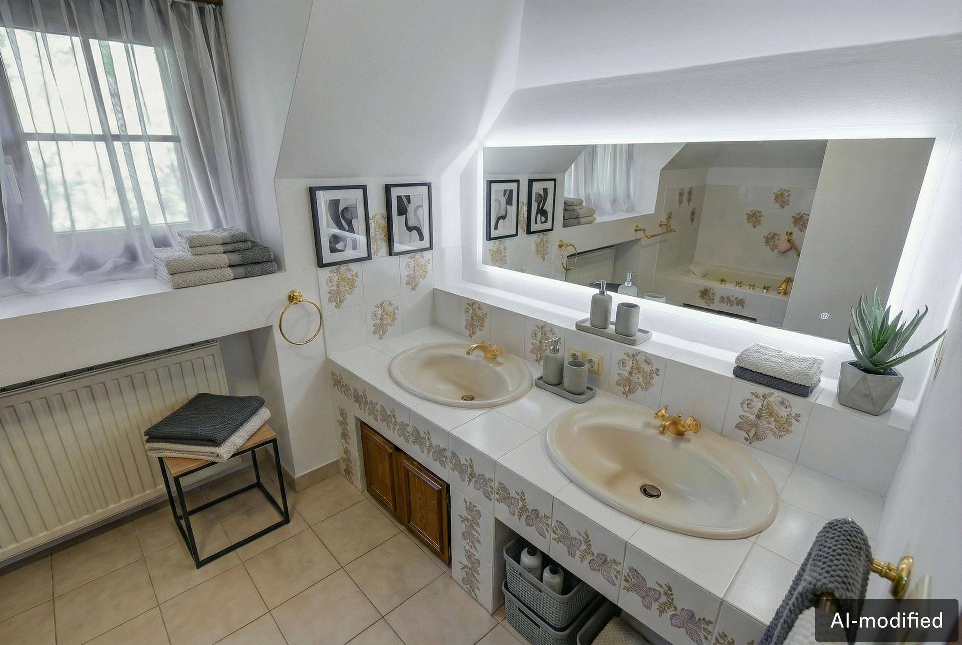 Modernisiertes Badezimmer mit zwei Waschbecken, hellen Fliesen und großem beleuchtetem Spiegel unter Dachschräge.