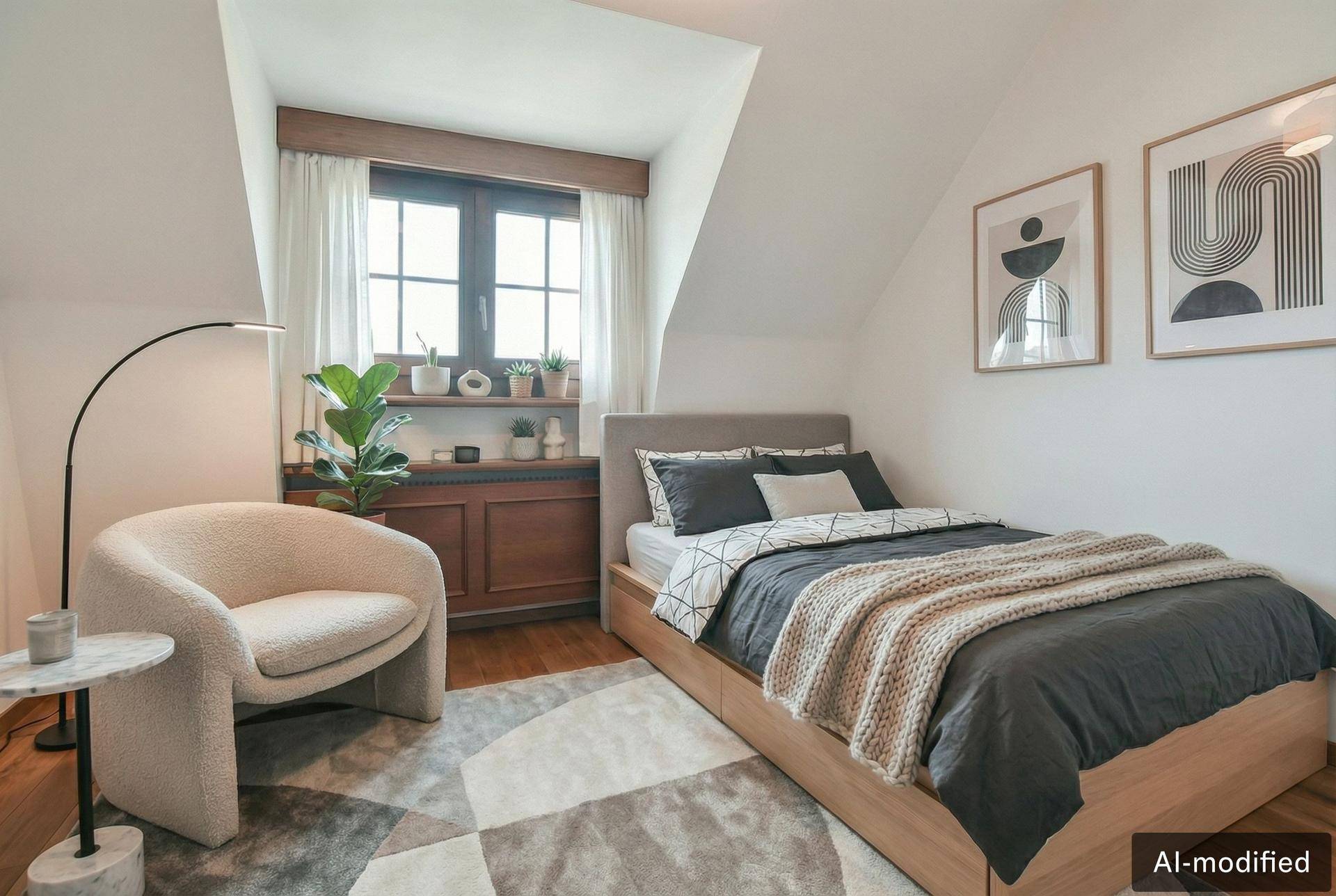 Modernisiertes Schlafzimmer mit Einzelbett, heller Gestaltung und Holzboden unter einer Dachschräge.