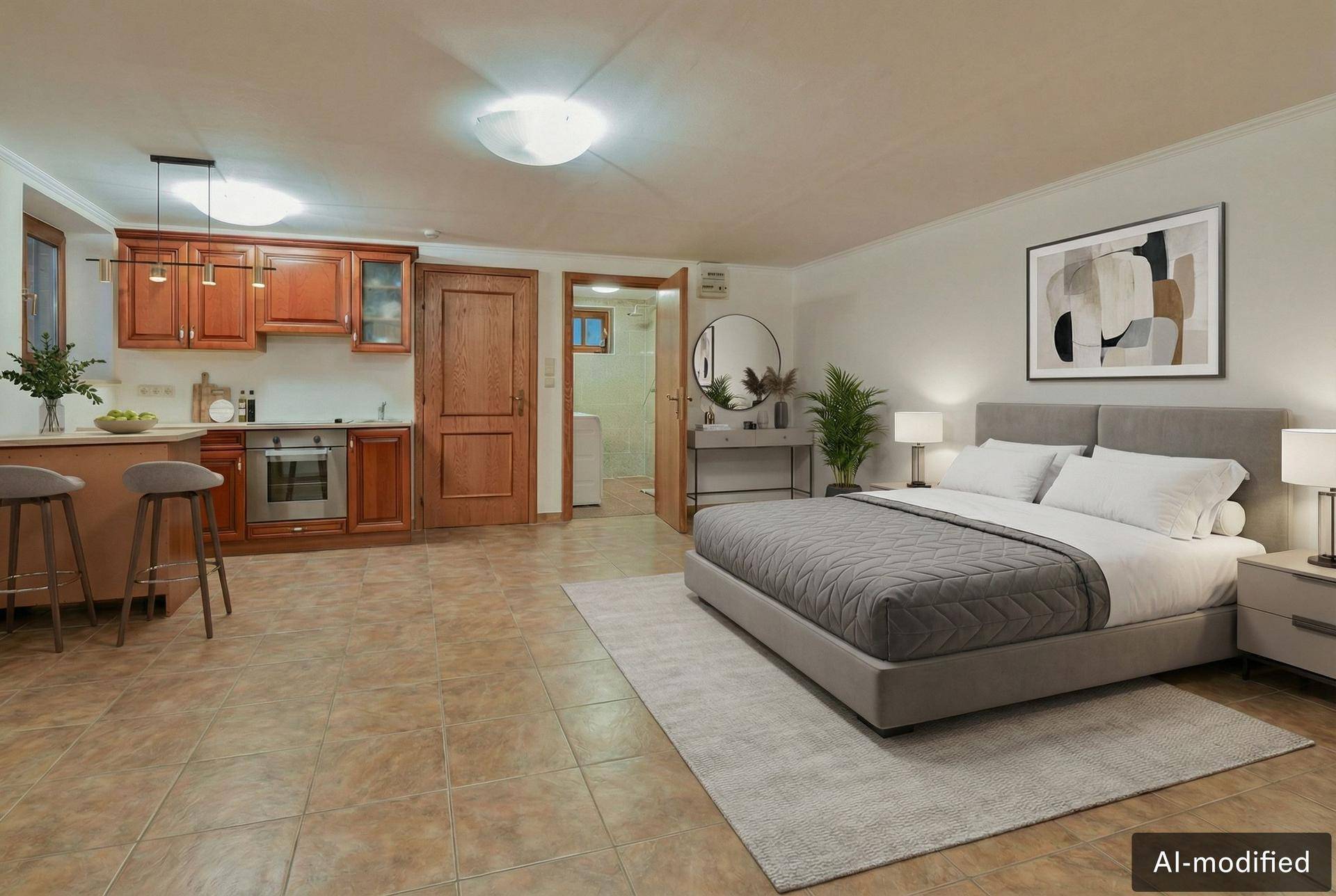 Modernisiertes Schlafzimmer mit integrierter Küchenzeile, heller Gestaltung und Fliesenboden, ideal für Gäste.