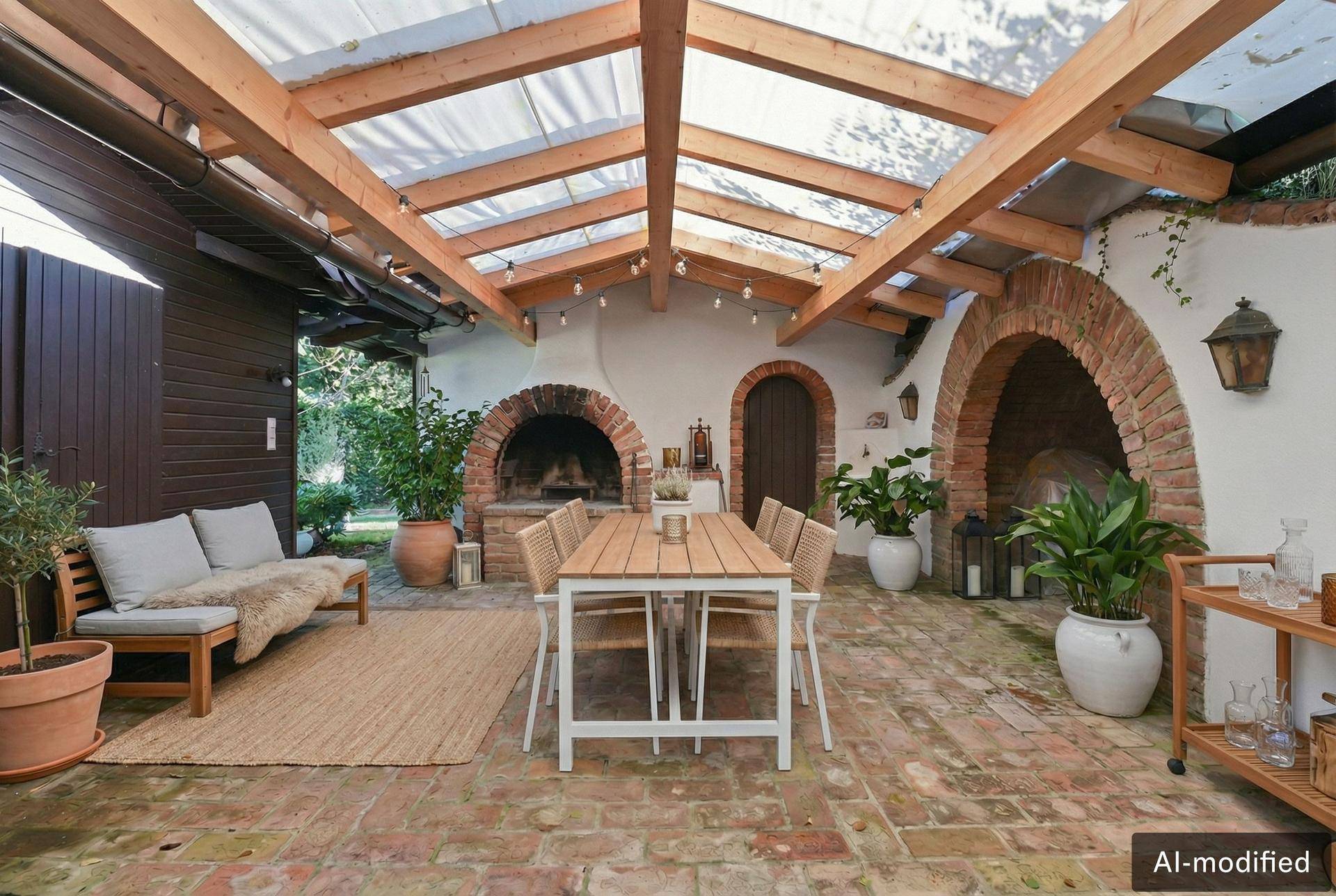 Modernisierter überdachter Essbereich im Freien mit stilvollen Möbeln und gemauertem Ofen, ideal für Unterhaltung.