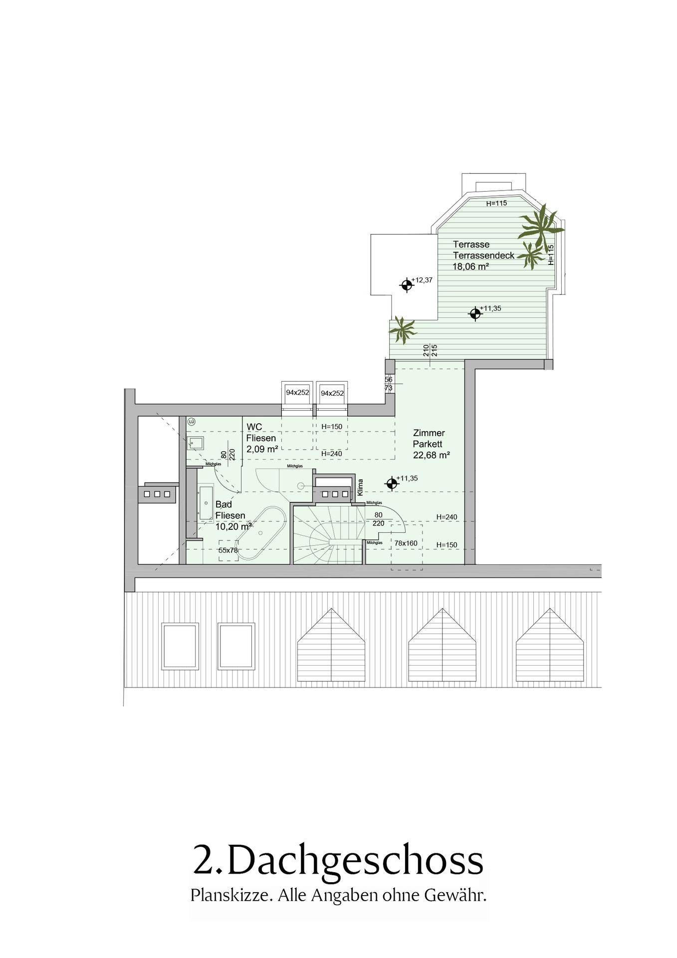 Grundriss des zweiten Dachgeschosses mit Zimmer, Bad, WC und einer weiteren Terrasse.
