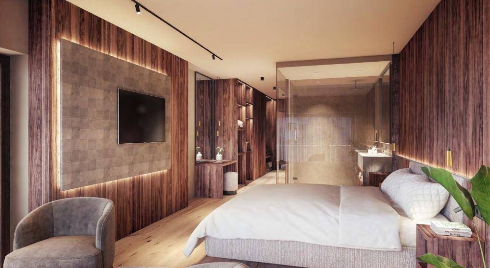 Elegantes Schlafzimmer mit Holzwänden, integriertem Badbereich und modernem Design, bietet hohen Komfort.