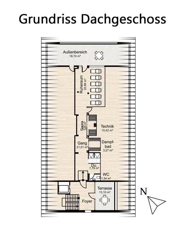Grundriss des Dachgeschosses mit Ruheraum, Sauna, Dampfbad und zwei Terrassenbereichen für Entspannung.