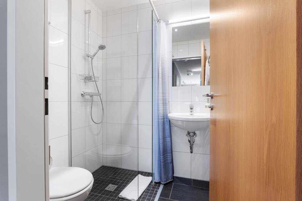Kleines Badezimmer mit Dusche, WC und Waschbecken, komplett gefliest.