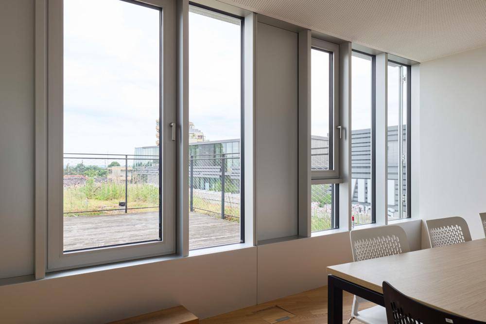 Große Fensterfront in einem Besprechungsraum mit Blick auf eine begrünte Dachterrasse, die viel Tageslicht hereinlässt.
