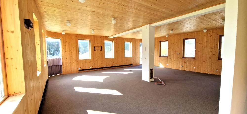 Großer, offener Raum mit Holzverkleidung an Wänden und Decke sowie Teppichboden, vielseitig nutzbar.