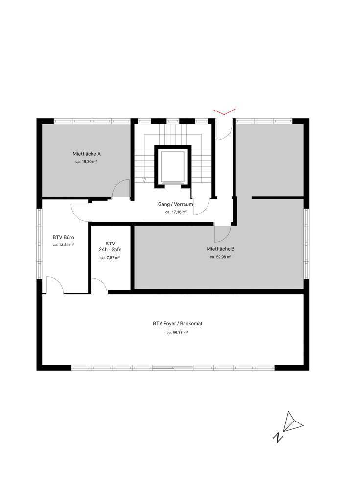 Grundriss des Erdgeschosses mit Mietflächen, Büro, Safe und Foyer.