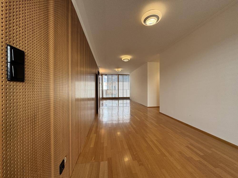 Geräumiger Flur mit Holzboden und einer strukturierten Holzwand, die viel Platz bietet.