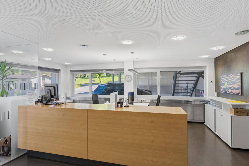 Moderner Empfangsbereich mit Holztheke, weißen Wänden und Blick ins Grüne.