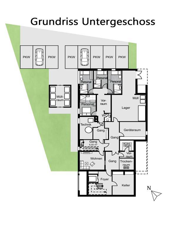 Grundriss des Untergeschosses mit Personalräumen, Lager, Technik, Keller und zusätzlichen Außenparkplätzen.