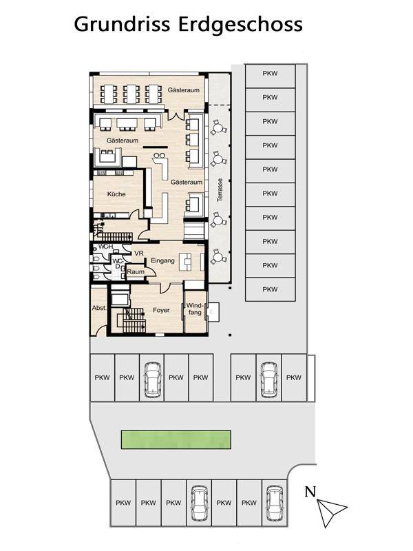 Grundriss des Erdgeschosses mit mehreren Gasträumen, Küche, Terrasse und zahlreichen Außenparkplätzen.