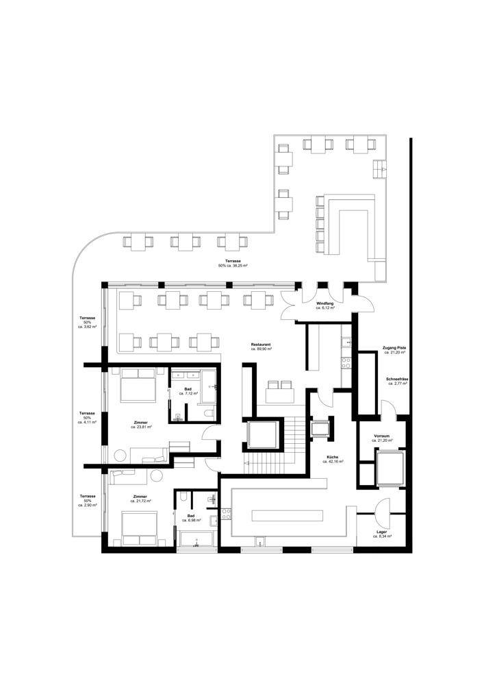 Grundriss einer Etage mit Zimmern, Bädern, Küche und großzügigen Terrassenflächen, funktional und hell.