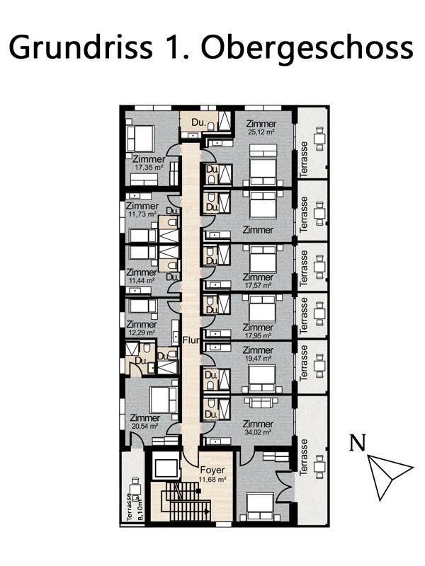 Grundriss des ersten Obergeschosses mit mehreren Zimmern und Terrassenbereichen.