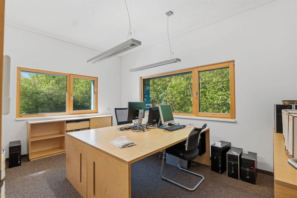 Einzelbüro mit Holztisch, Computern und großen Fenstern mit Blick ins Grüne.