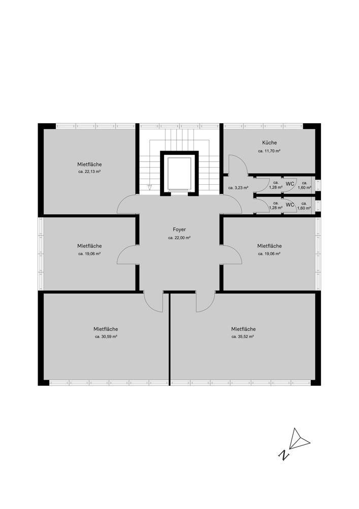 Grundriss des Obergeschosses mit mehreren Mietflächen, Küche und Toiletten.