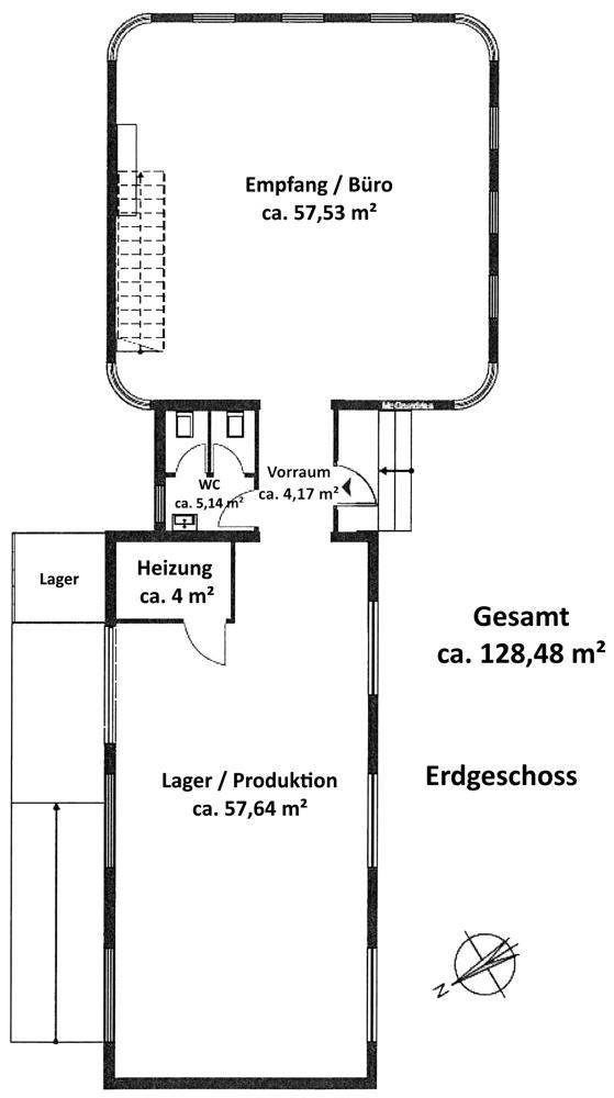 Grundriss des Erdgeschosses mit Empfangsbereich, Büro und Lagerflächen, übersichtlich dargestellt.