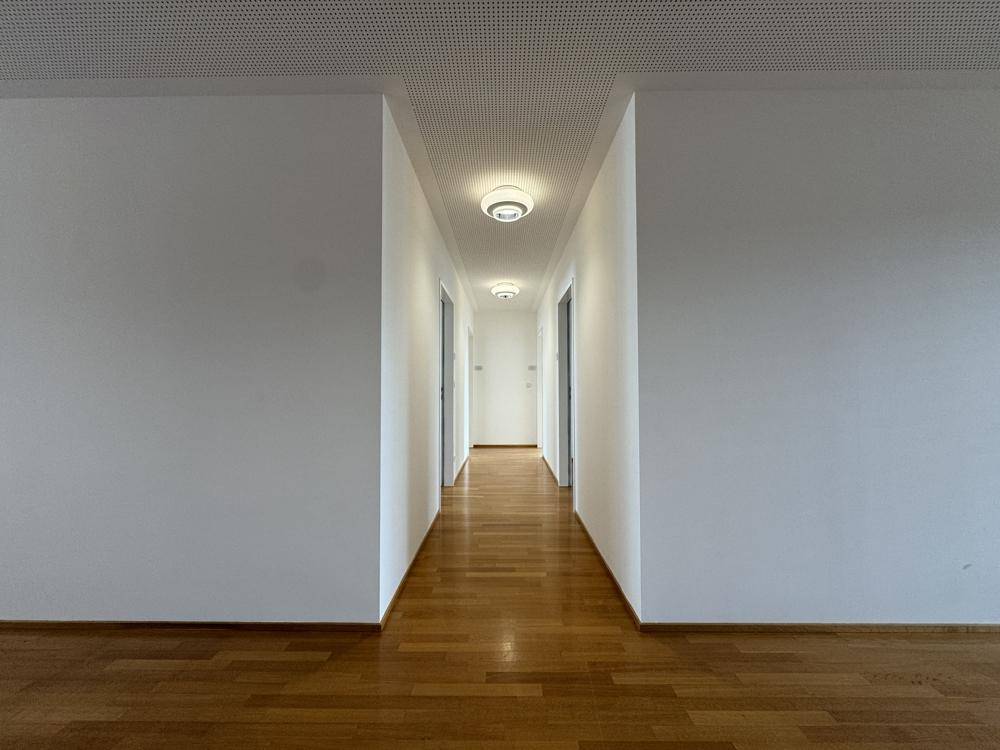 Schmaler, heller Flur mit Holzparkettboden und modernen Deckenleuchten, der eine klare Linie bildet.