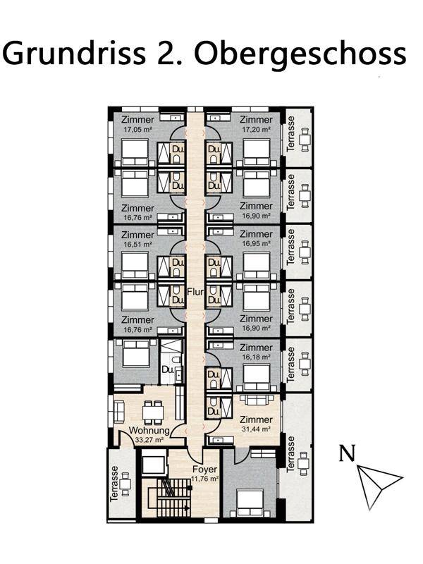 Grundriss des zweiten Obergeschosses mit Zimmern, einer Wohnung und Terrassen.
