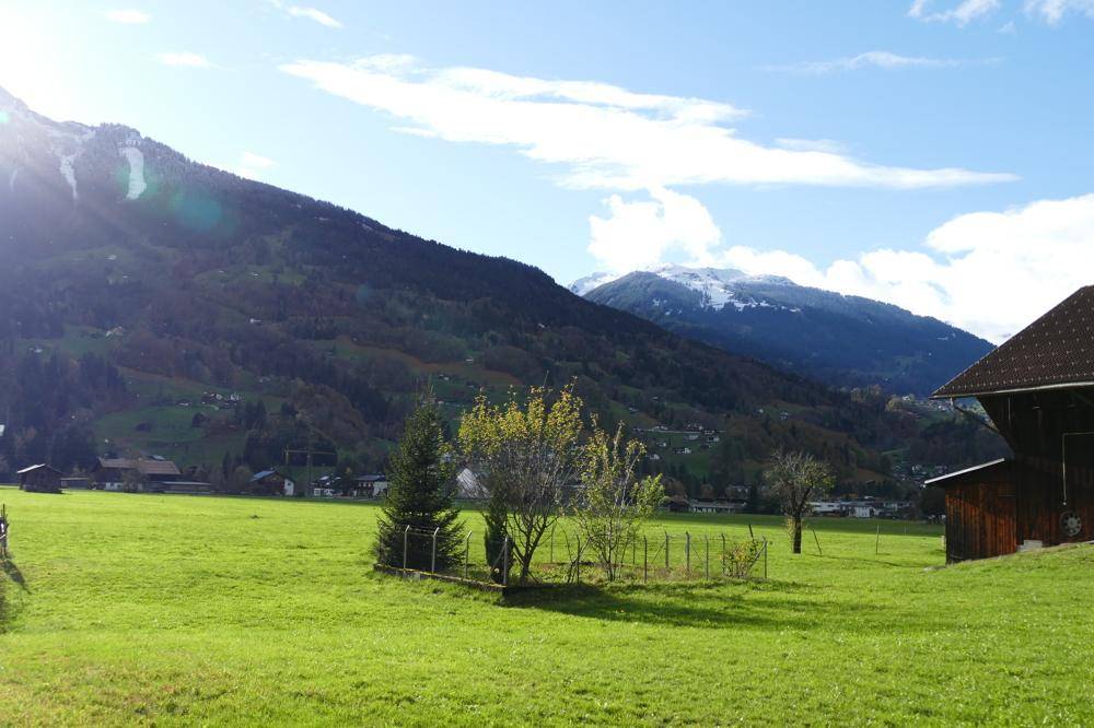 Grüne Wiesenlandschaft mit einem Teil eines Holzgebäudes und schneebedeckten Bergen unter blauem Himmel.