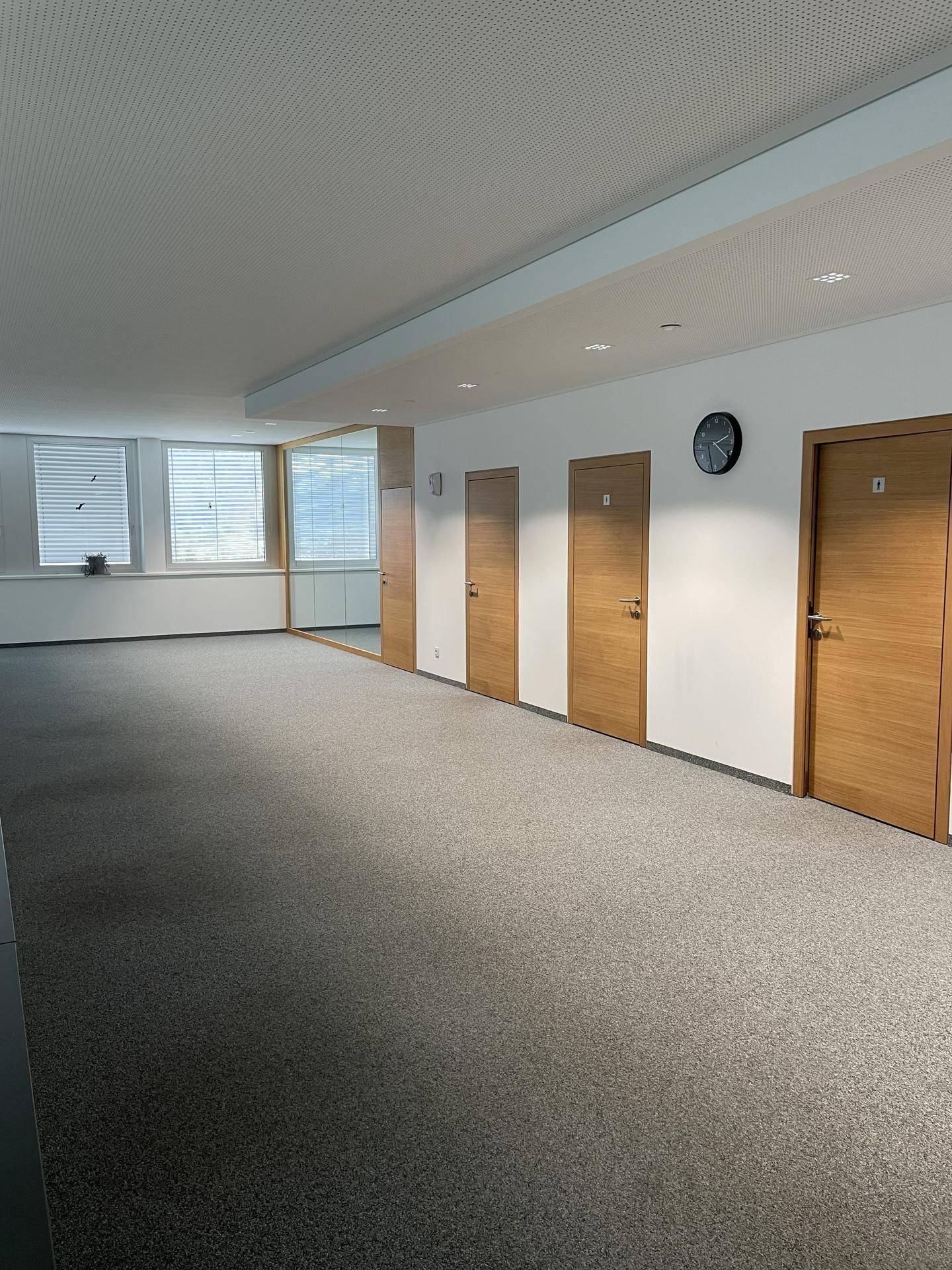 Heller, geräumiger Bürobereich mit grauem Teppichboden, Holztüren und Fenstern mit Jalousien.