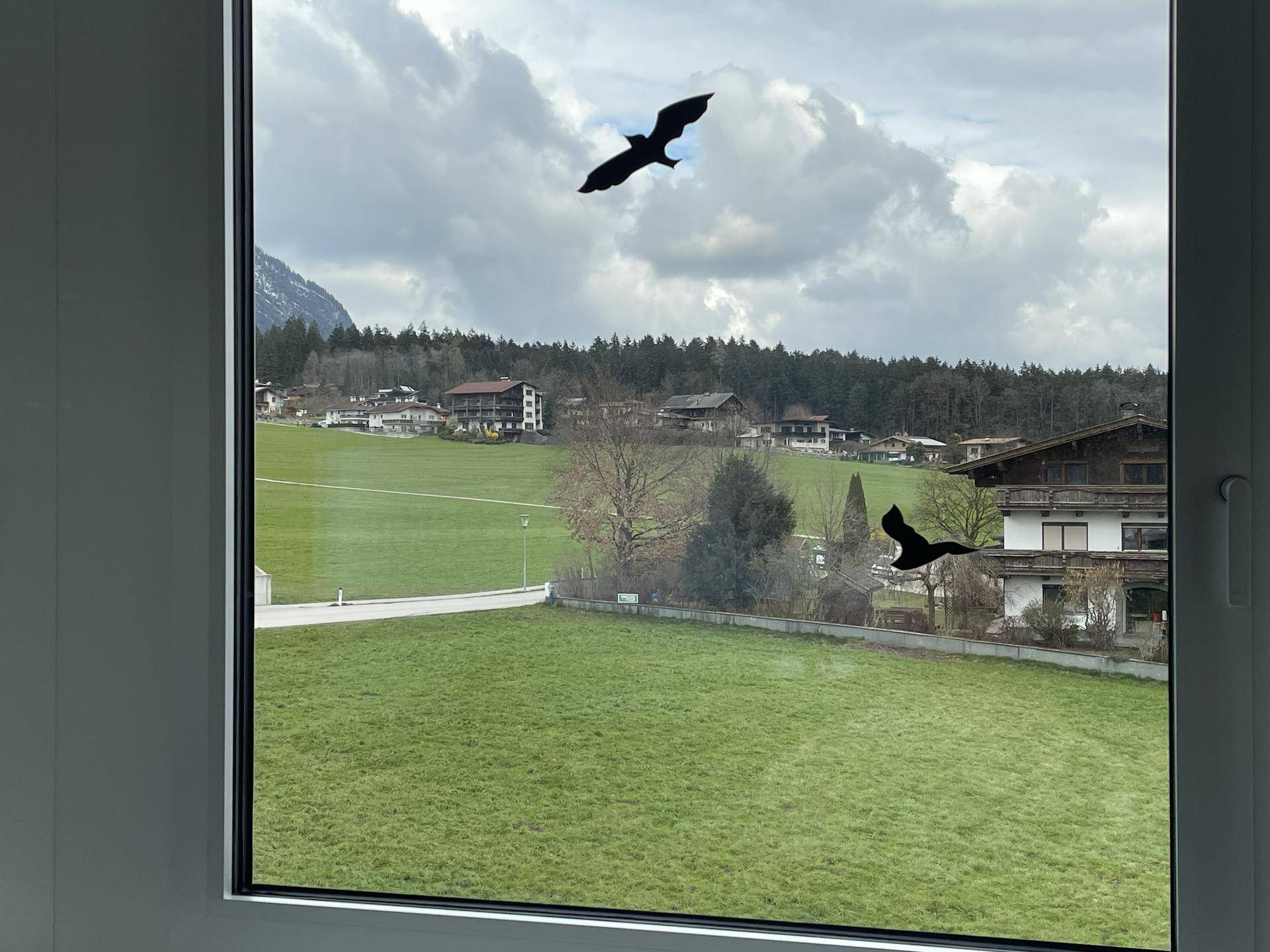 Weitläufiger Blick aus dem Fenster auf grüne Felder, vereinzelte Häuser und die idyllische Landschaft.