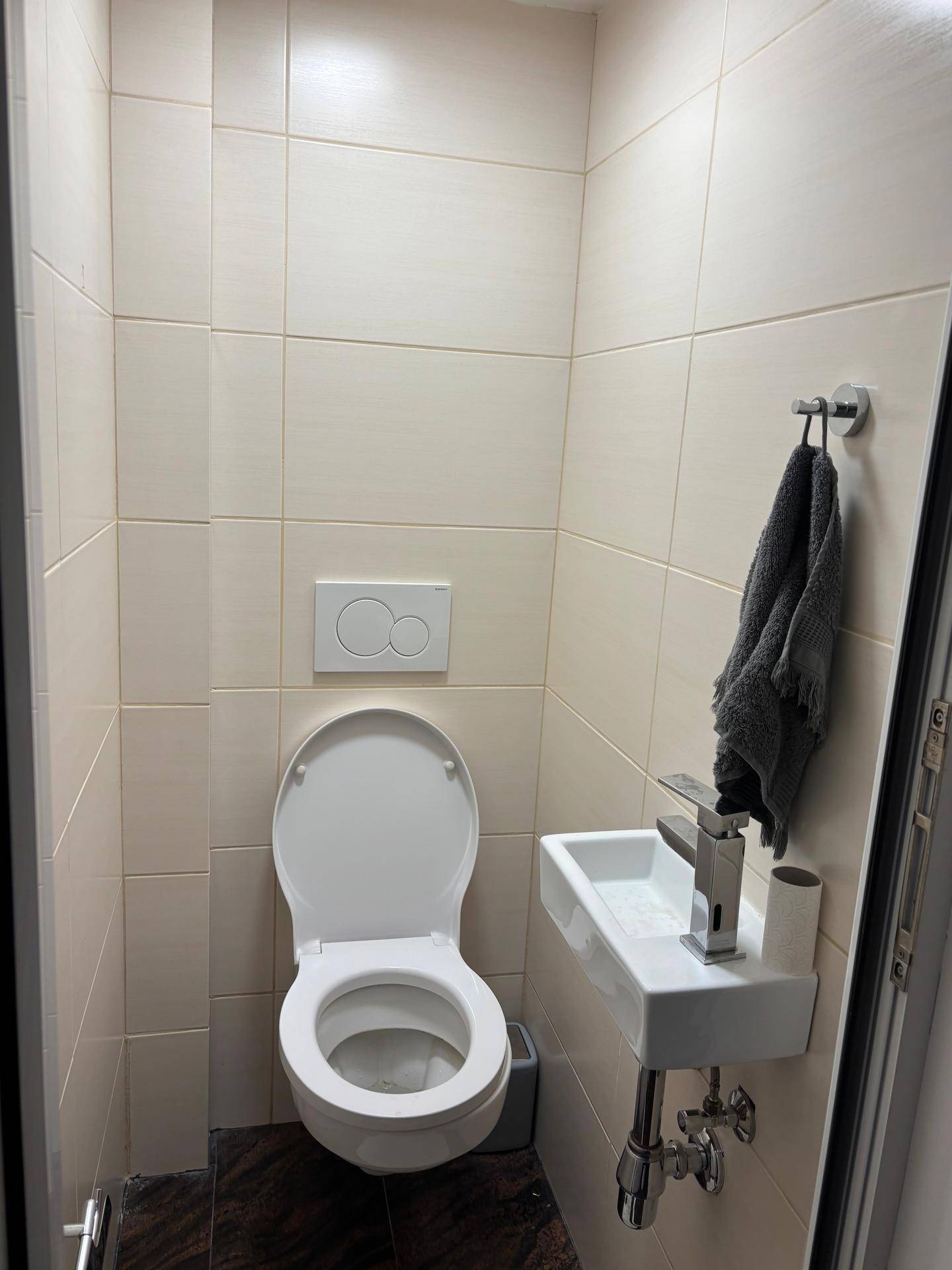Modernes Gäste-WC mit Wand-WC und kleinem Waschbecken, sauber und funktional.