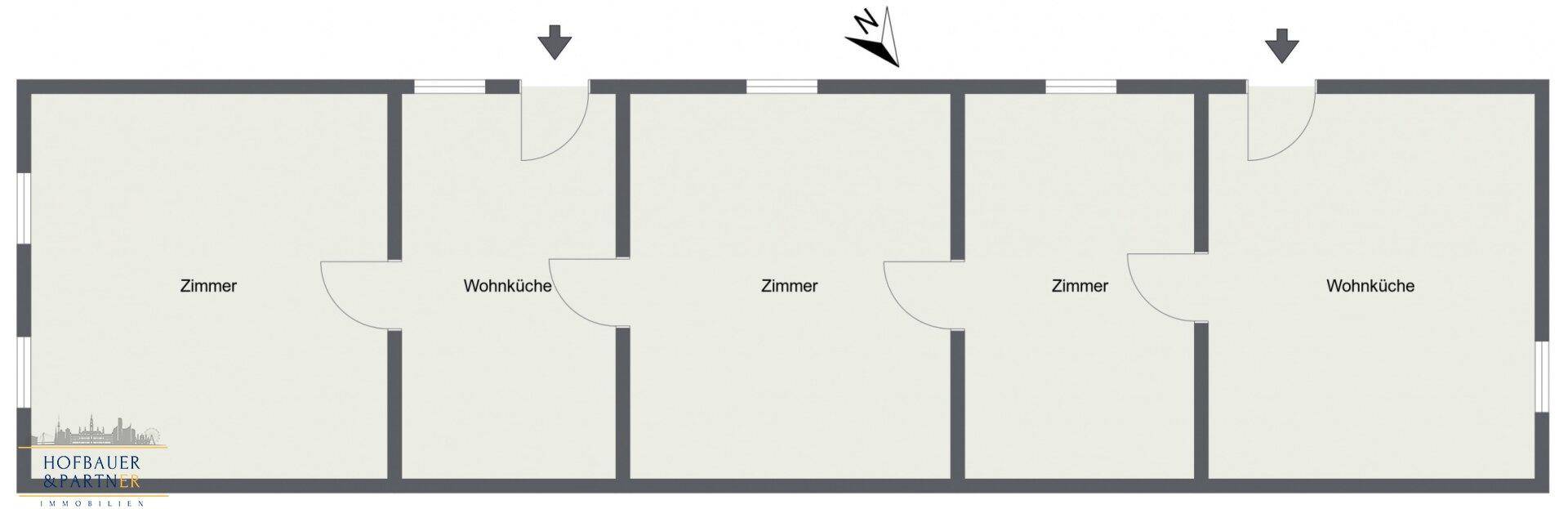 Grundriss des Obergeschosses mit mehreren Zimmern und Wohnküchen, flexibel nutzbar für verschiedene Zwecke.
