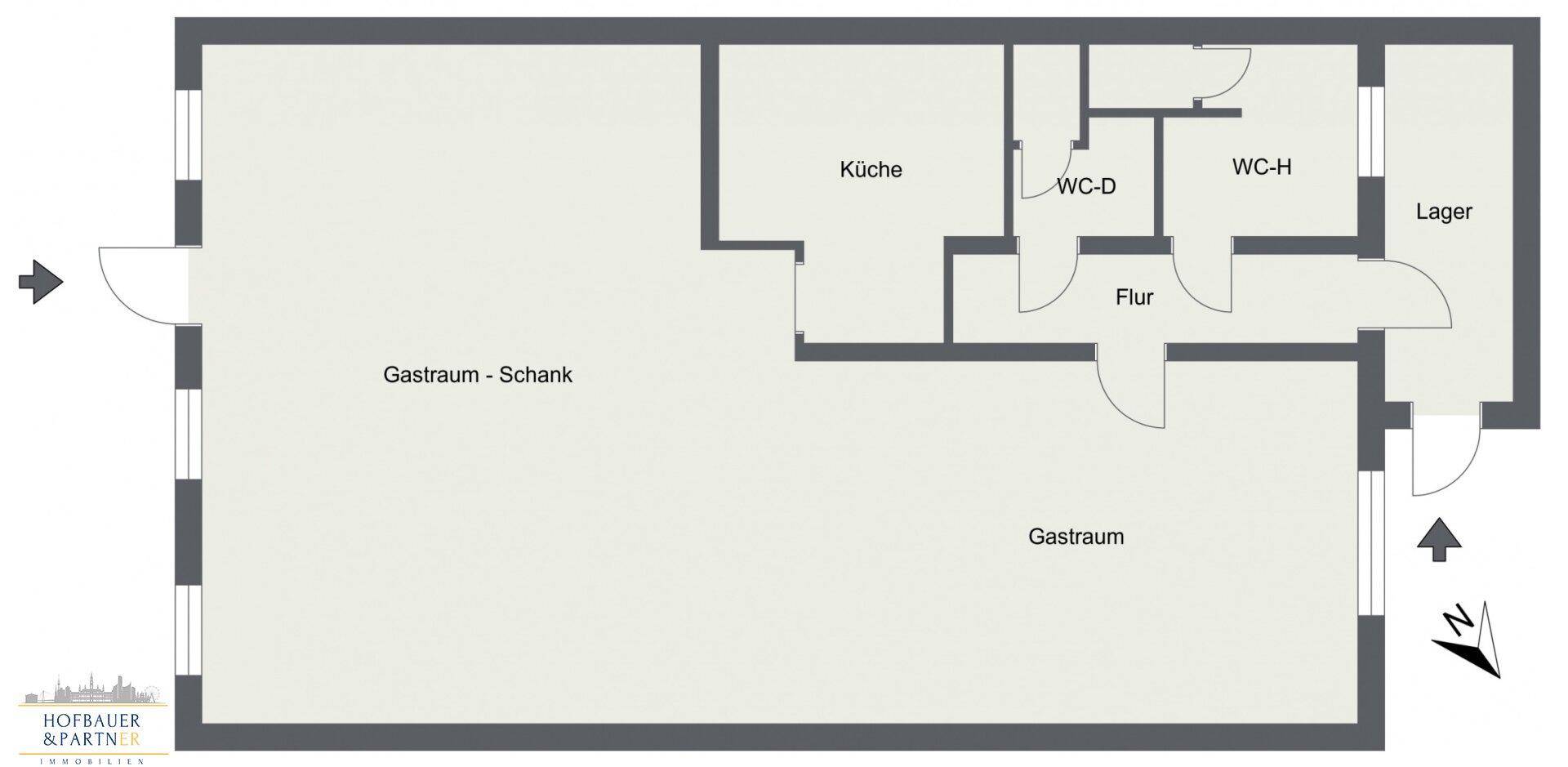 Grundriss des Erdgeschosses mit Gastraum, Schankbereich, Küche und Sanitäranlagen, übersichtlich dargestellt.