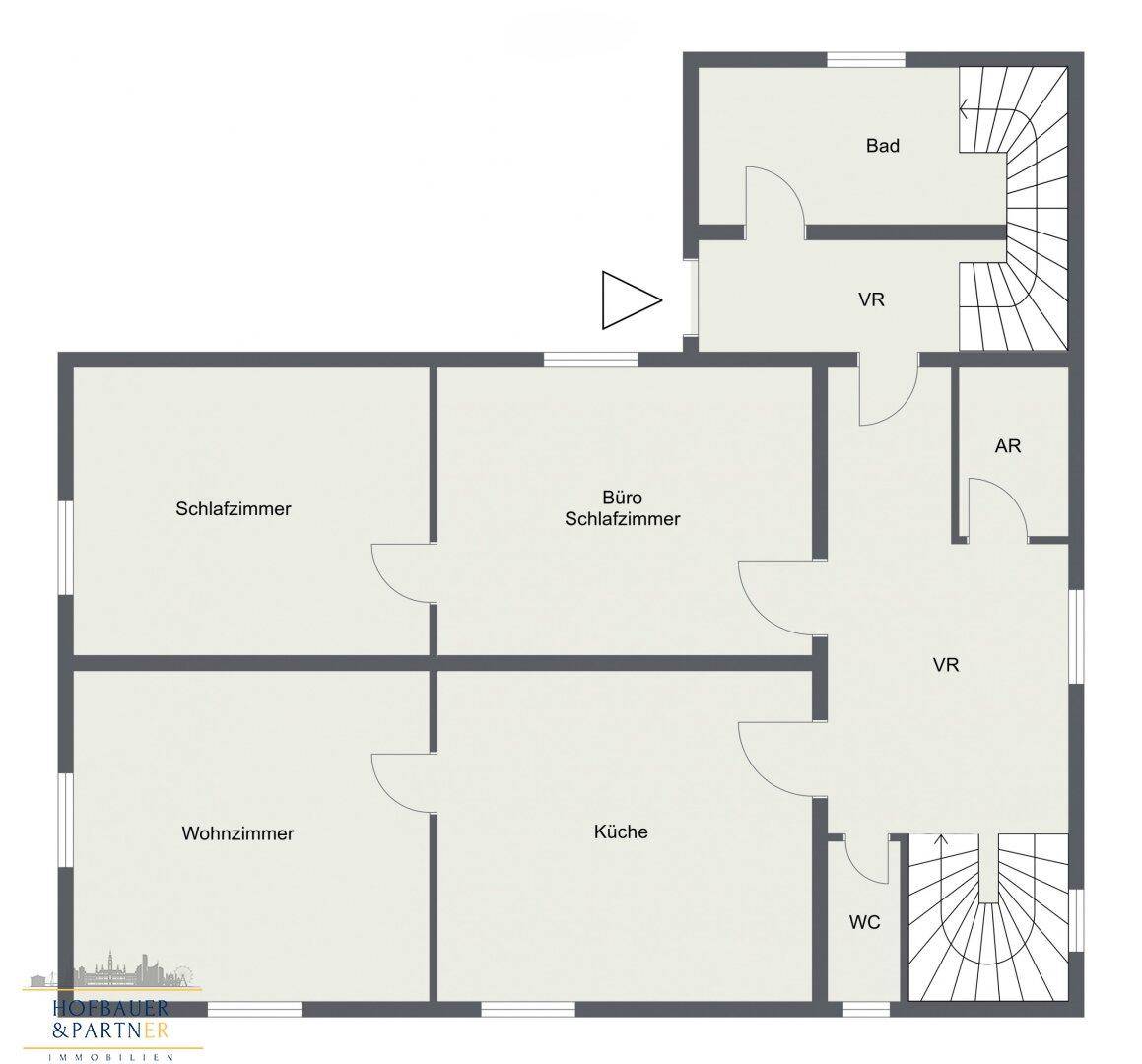 Grundriss einer Wohnung mit Wohnzimmer, Küche, zwei Schlafzimmern, Bad und separatem WC.